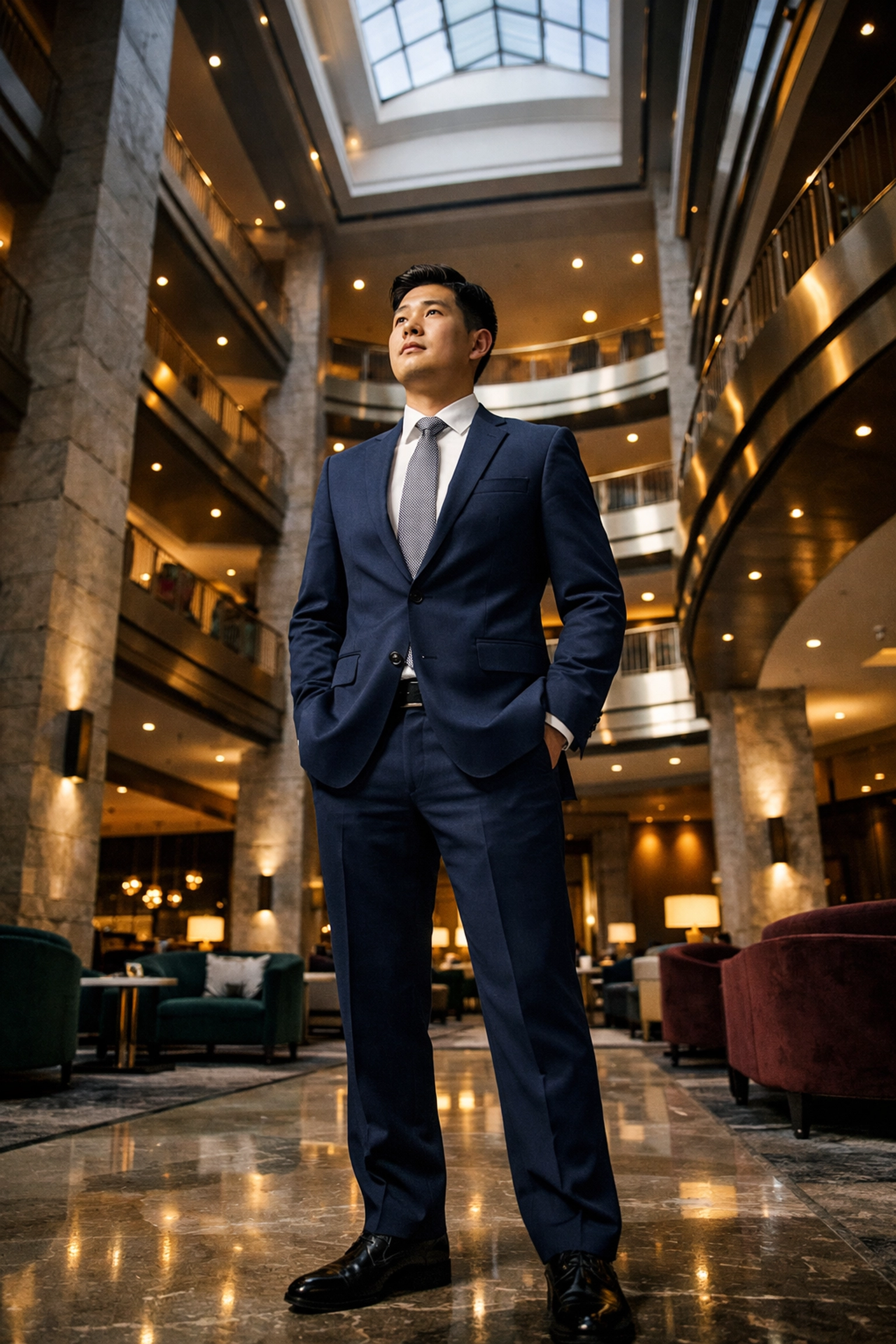 A hospitality professional in a luxury hotel atrium representing career growth from night audit to management.