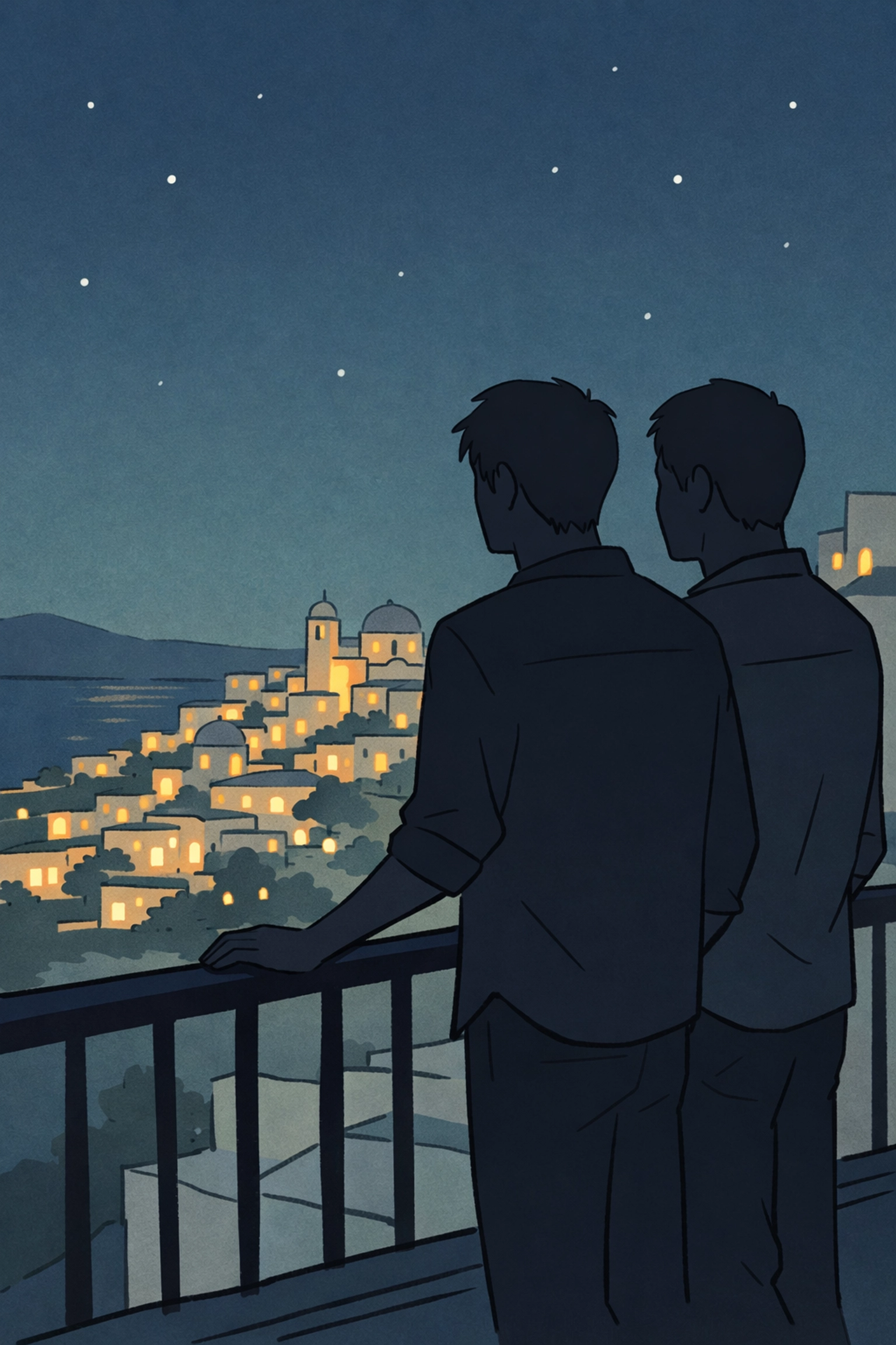 Male couple on hotel balcony at night overlooking Greek island town lights - gay romance scene