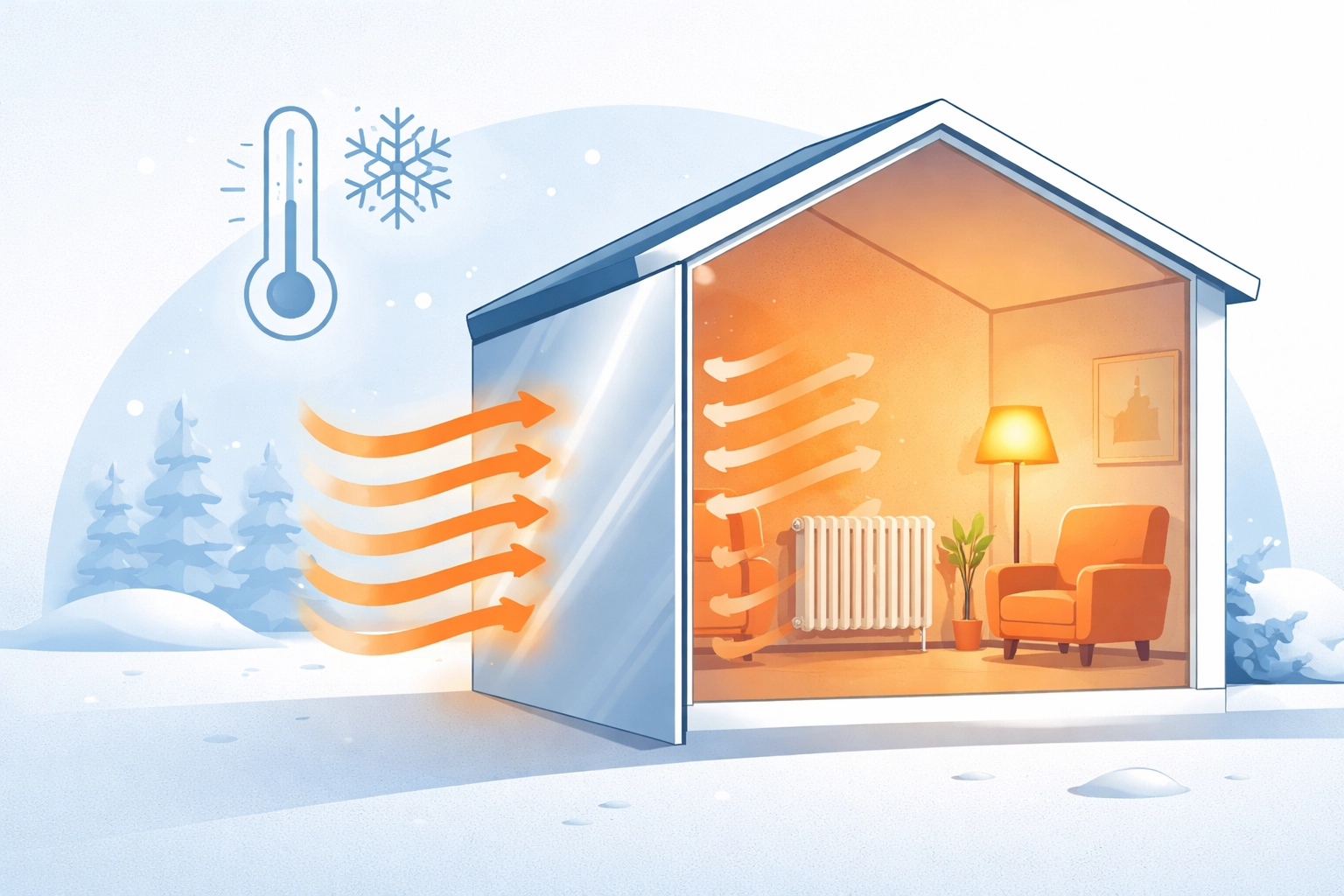 Diagram of heat being reflected by foil insulation, keeping a UK home warmer in winter and lowering energy loss.