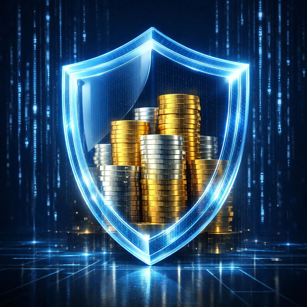 A digital shield protecting money representing a secure 6-month emergency fund for 2026.