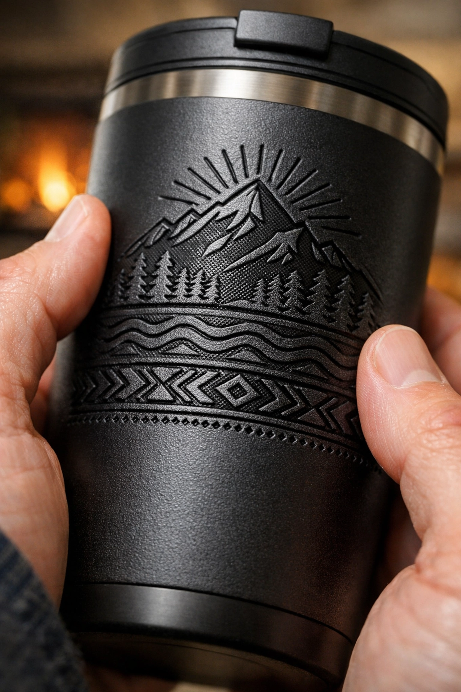 Hands holding a high-quality laser-engraved stainless steel travel mug for lasting brand recall.
