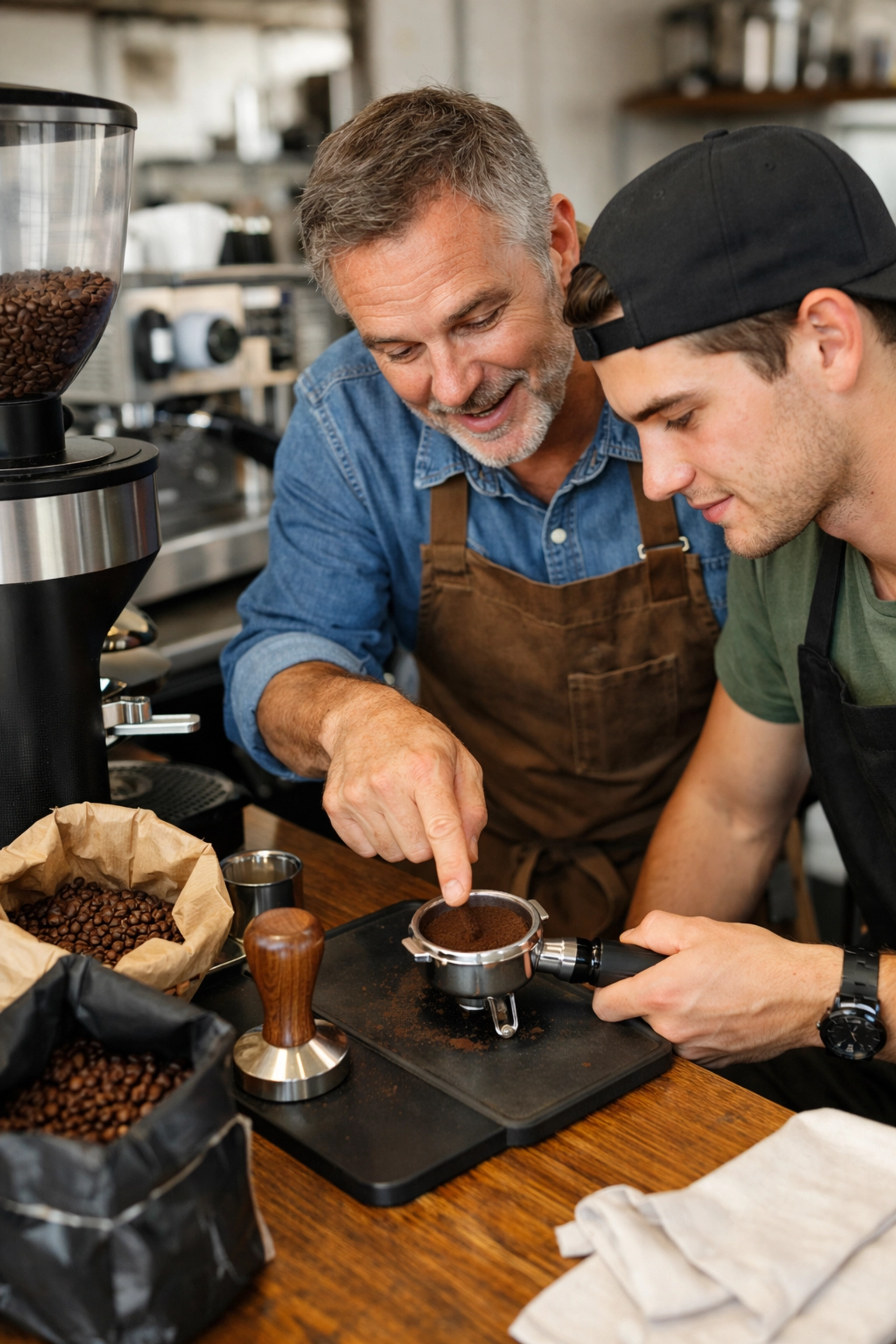 Mentor and student during a coffee shop barista training session focusing on tamping and espresso preparation.