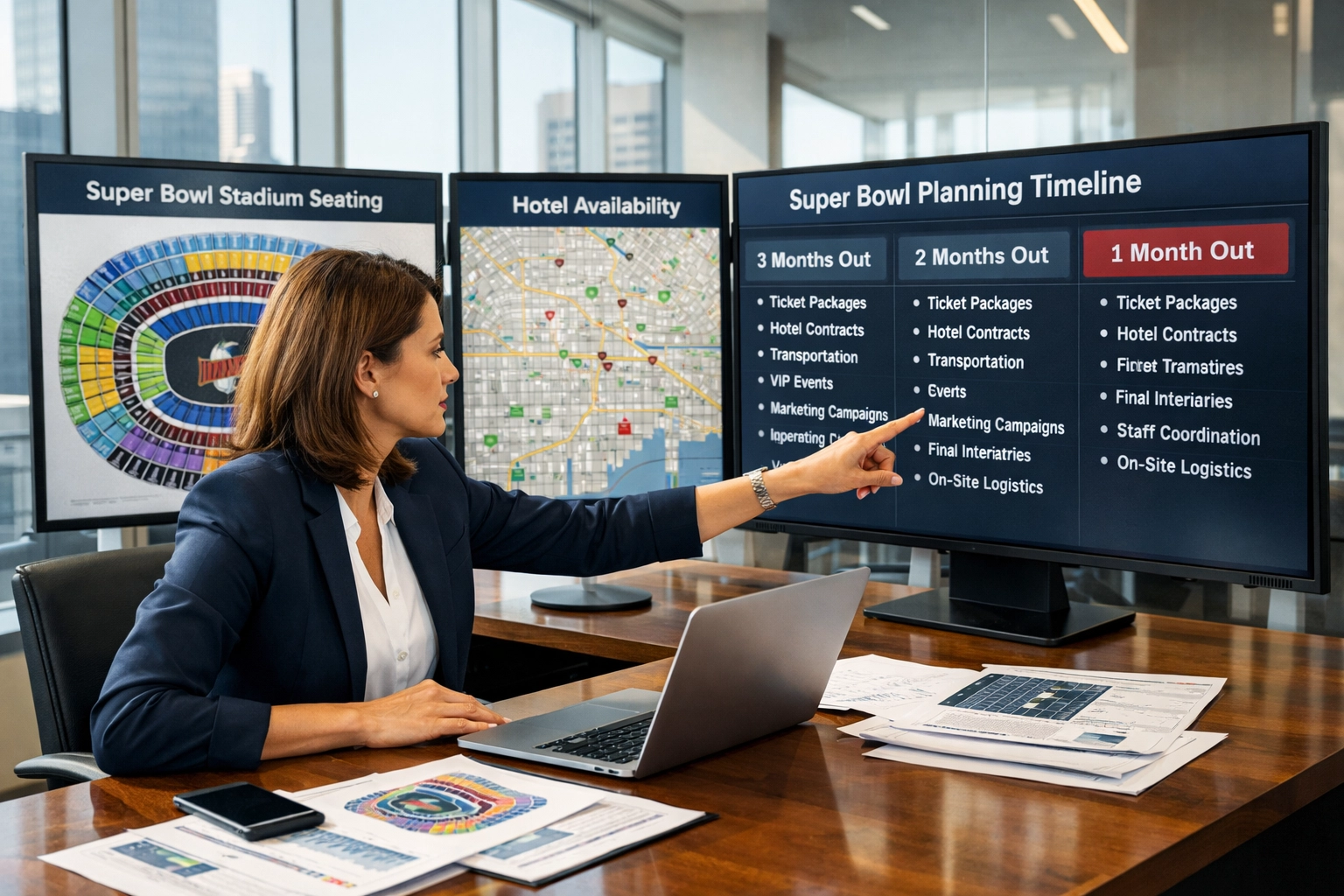 Corporate travel manager planning Super Bowl logistics months in advance with stadium seating charts