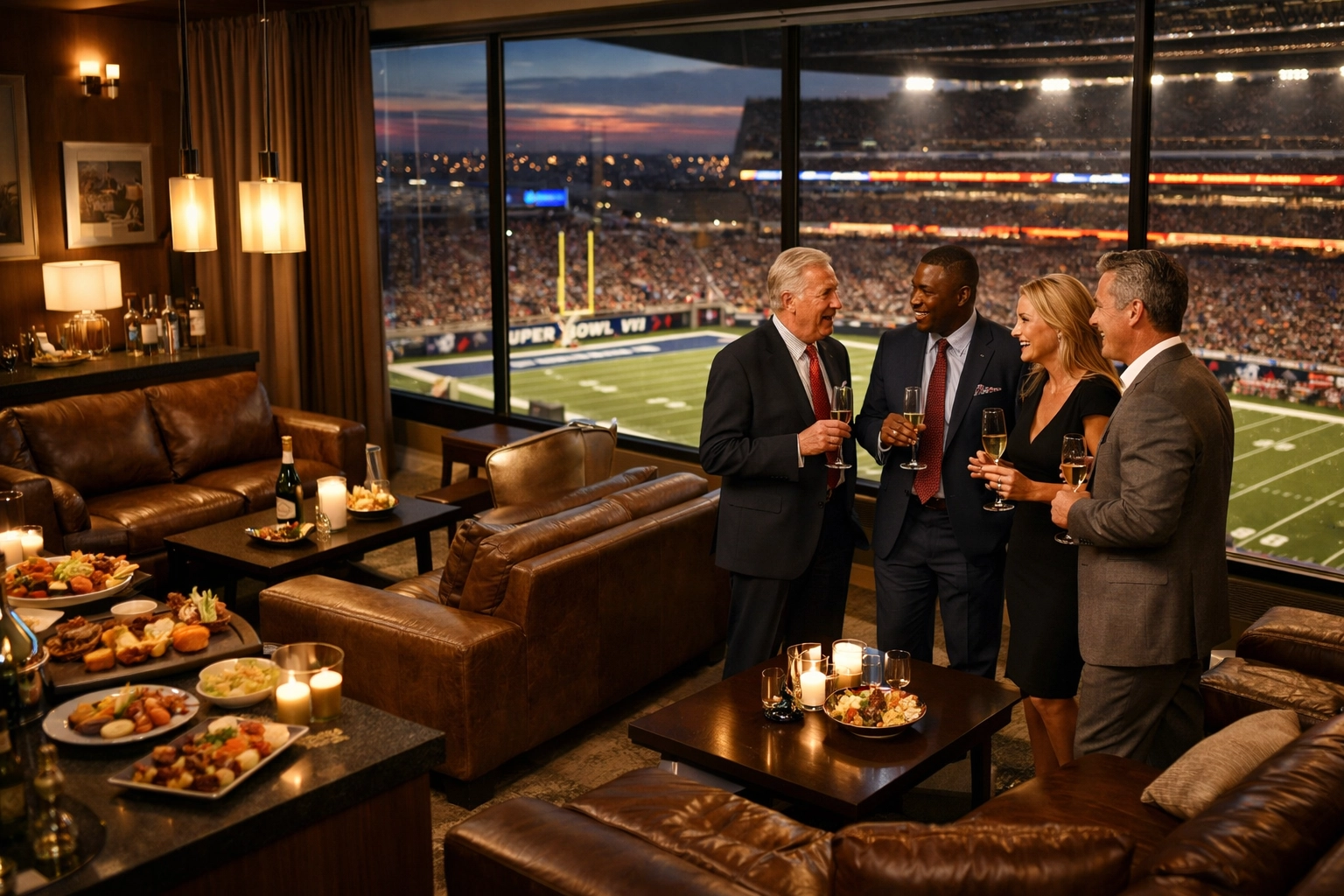Luxury Super Bowl VIP suite with executives networking over premium catering and stadium views