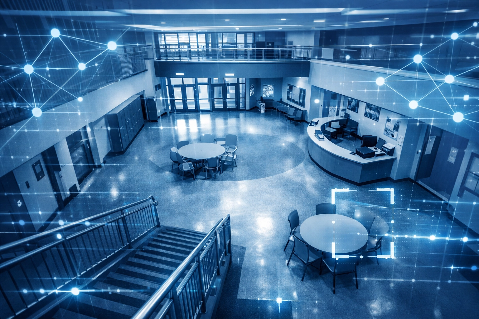 AI-driven surveillance and weapon detection camera view inside a Genesee County public facility for enhanced safety.