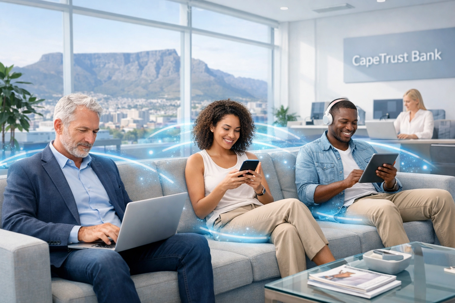 Clients enjoying fast, secure WiFi in a modern Cape Town bank lounge with a segmented guest network.