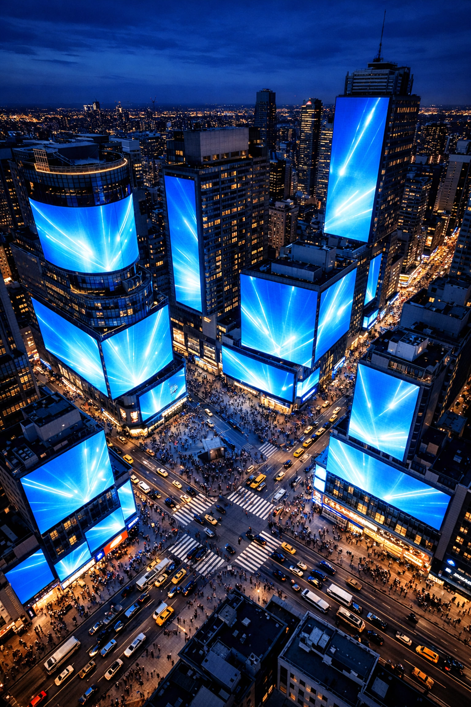 Aerial view of synchronized digital screens in a city center for a total OOH environment takeover.