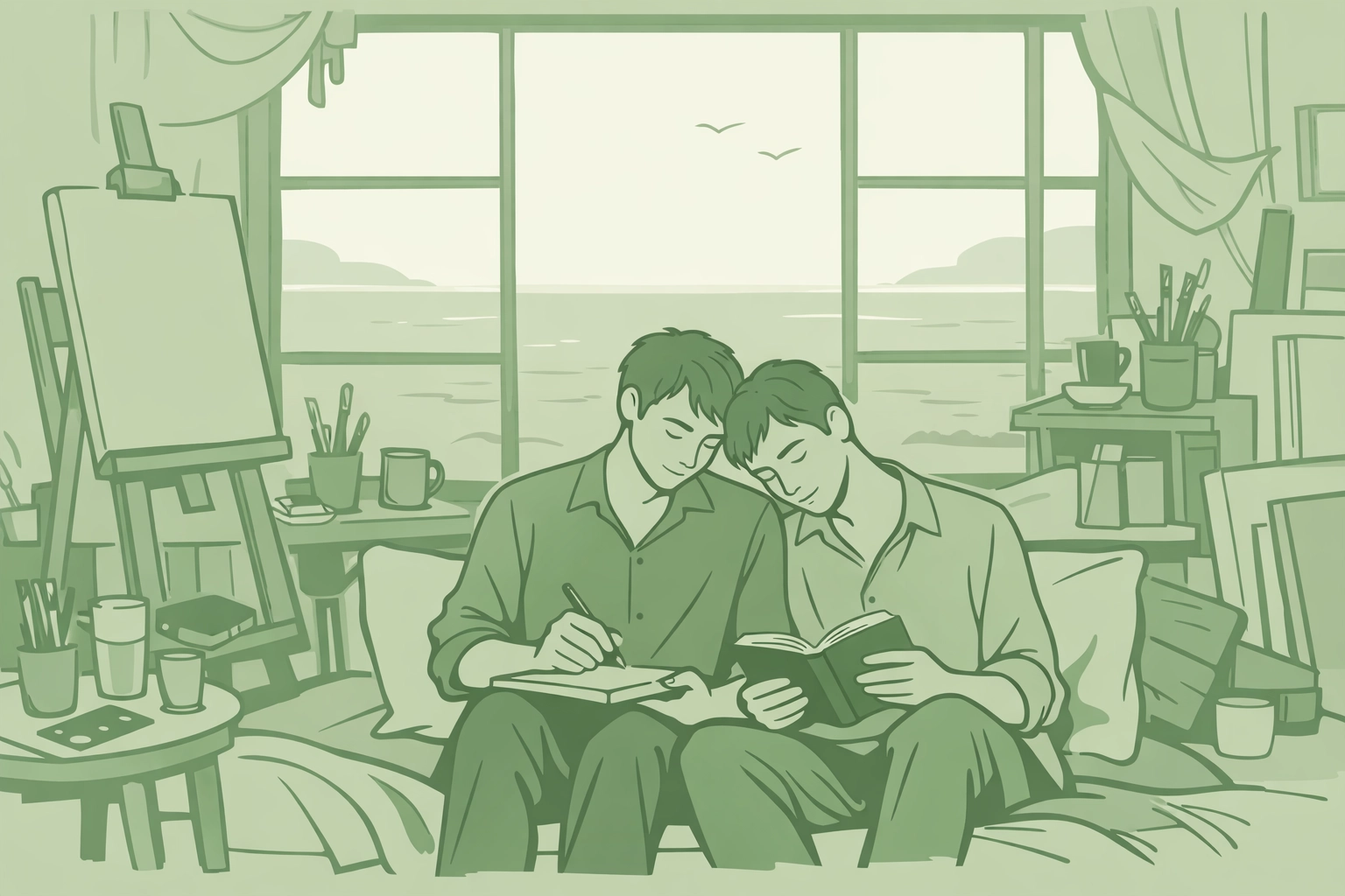 Gay artists in bohemian coastal studio - queer sanctuary and creative community