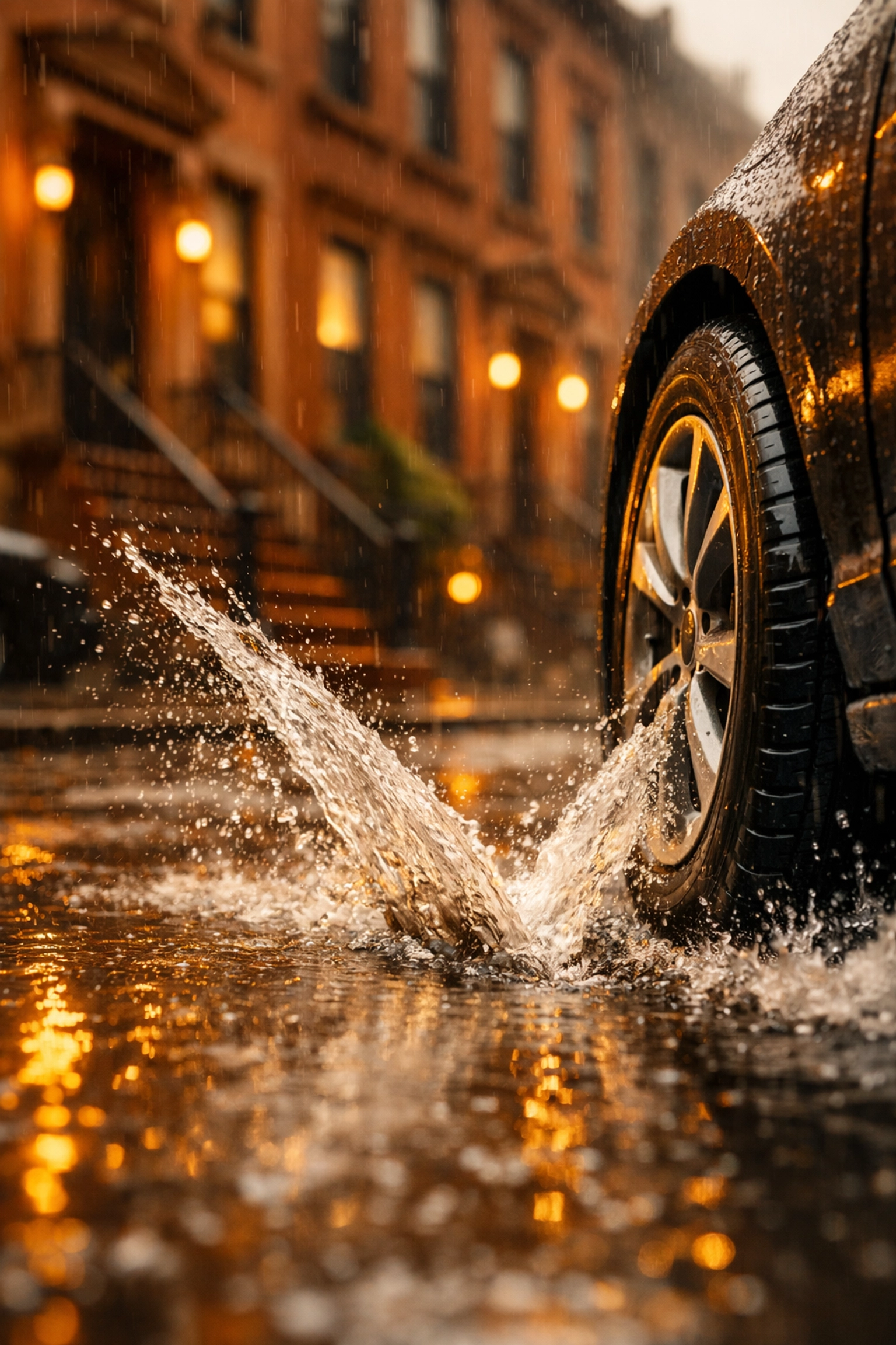 Car driving through a deep puddle on a rainy Brooklyn street, illustrating all-season tire performance.