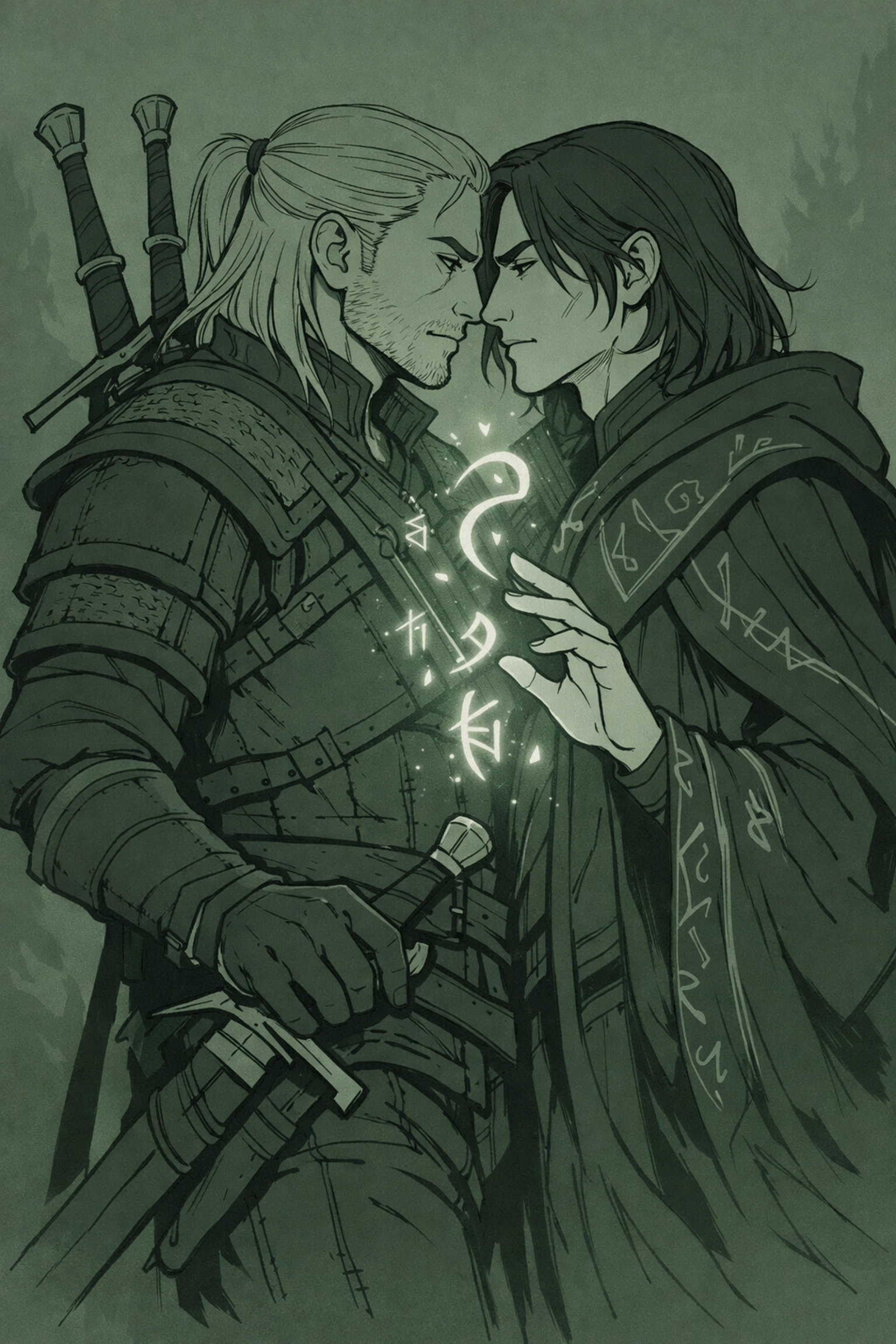 Witcher bodyguard and sorcerer in intimate moment - MM fantasy romance The Sorcerer's Protector