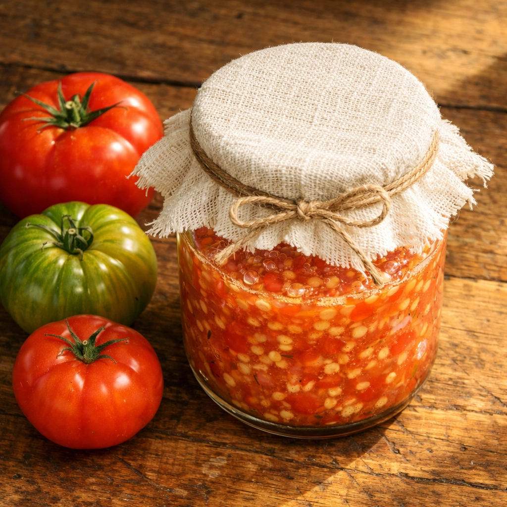 Mason jar with fermenting tomato seeds covered with cheesecloth on kitchen counter