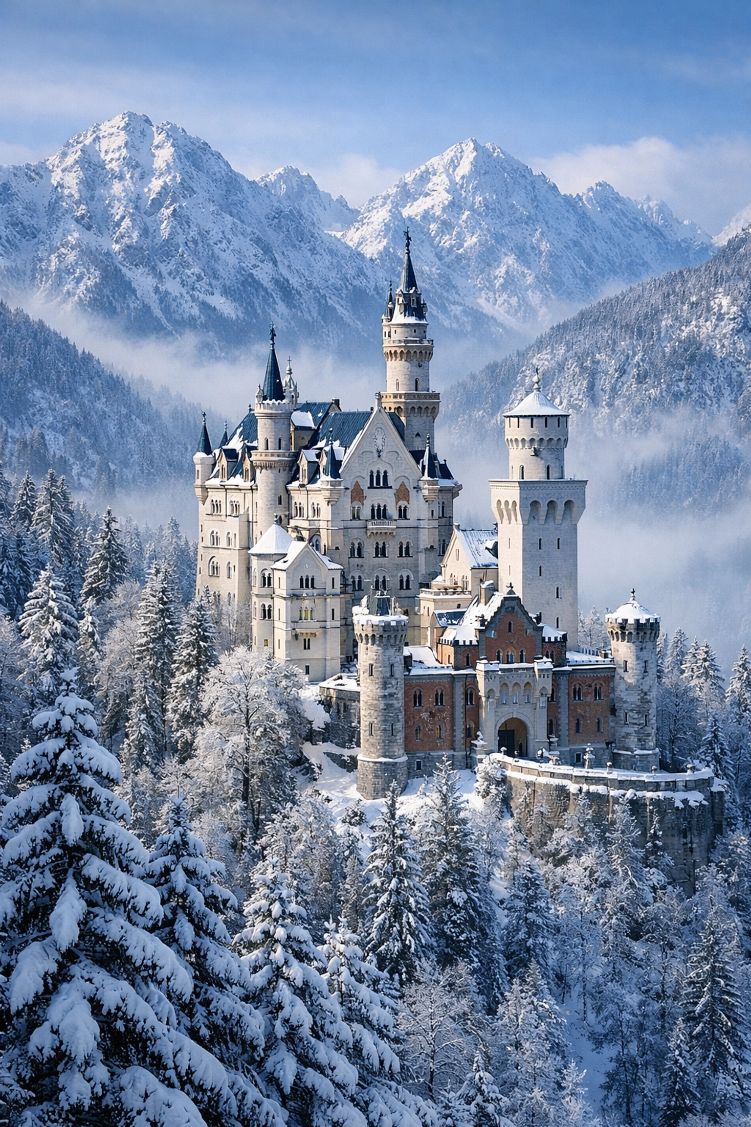 Neuschwanstein Castle in winter, an iconic fairytale photography destination in the Bavarian Alps.