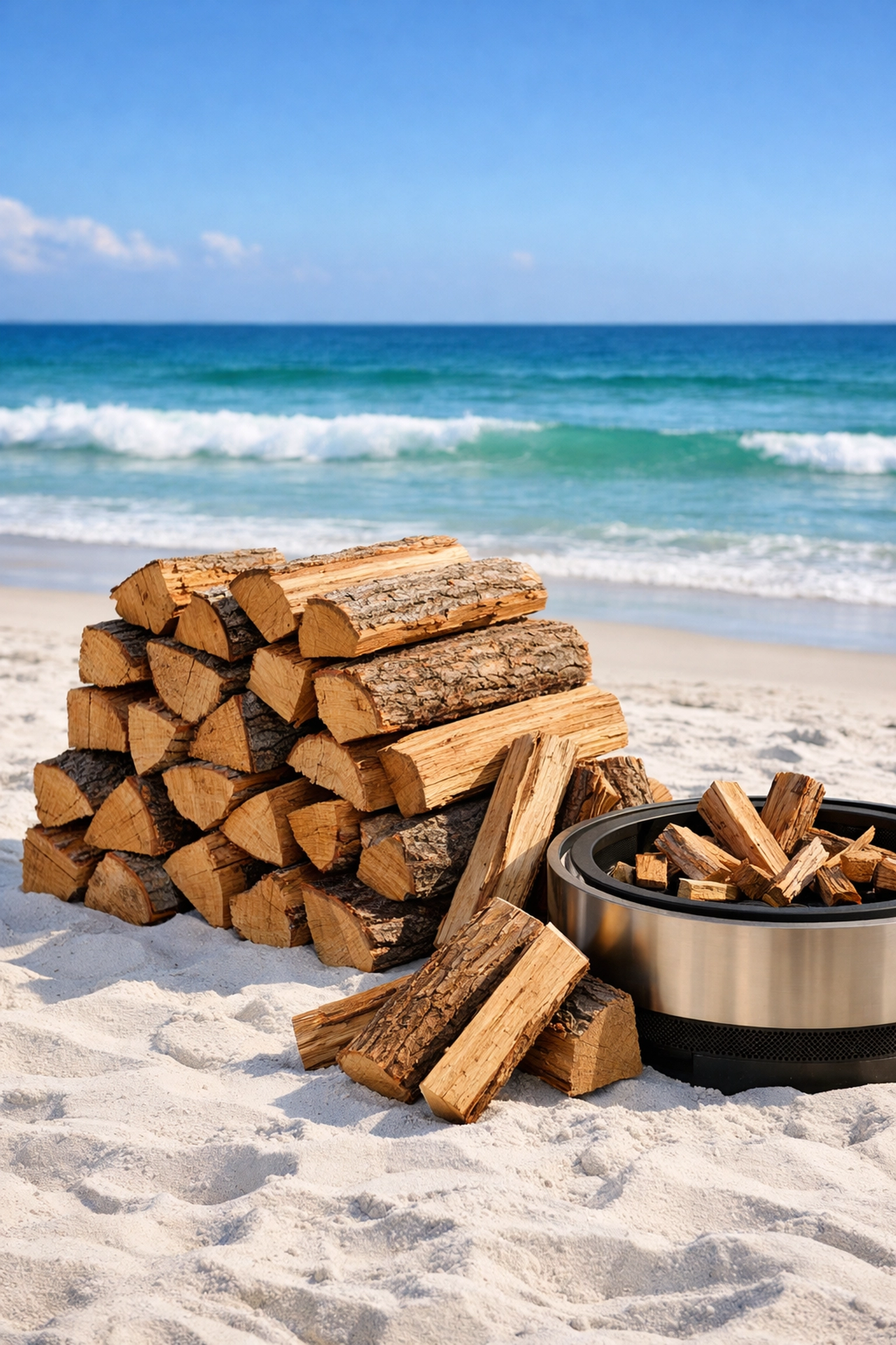 Quality firewood properly stacked on Daytona Beach sand for beach campfire