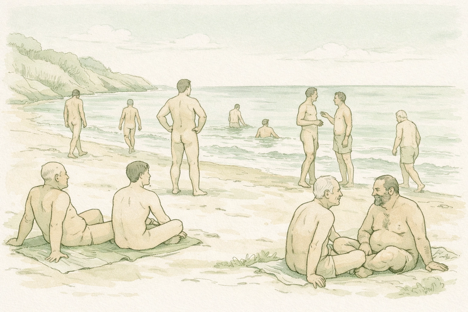 Gay naturist beach scene with men of diverse ages and body types in accepting community