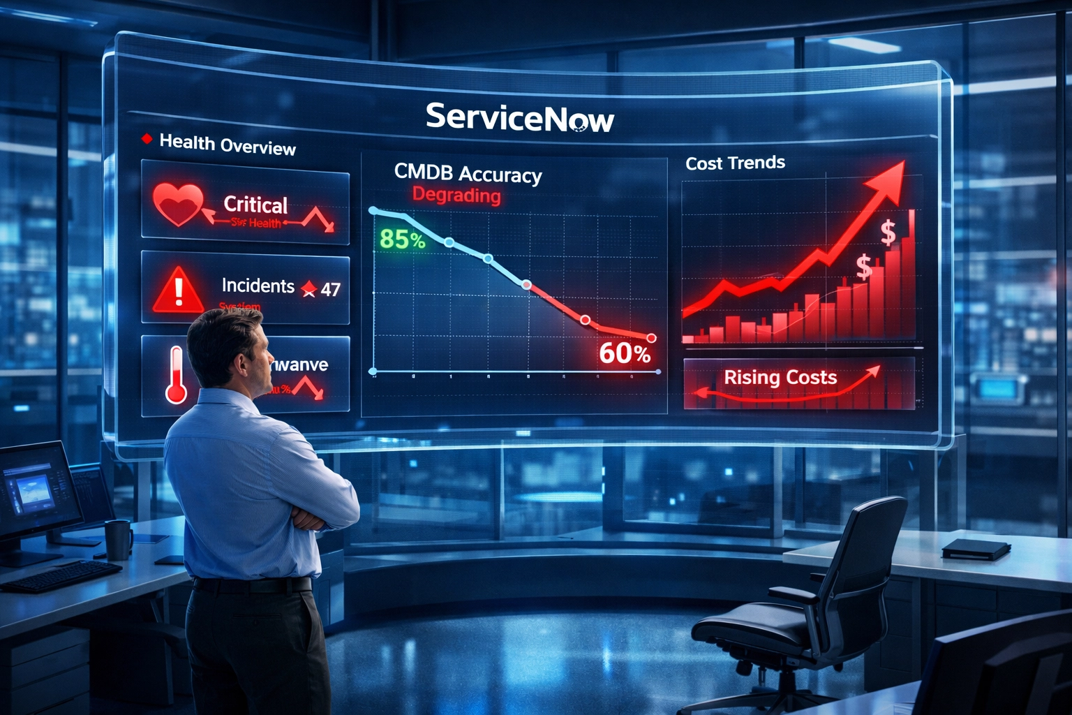 ServiceNow platform dashboard displaying declining CMDB accuracy and rising operational costs