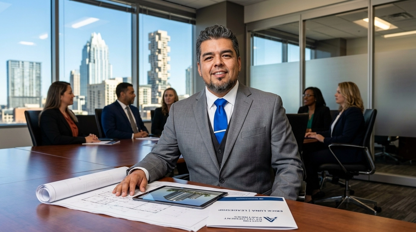 Erick Luna, Vice President and Senior Project Manager, leading a strategic advisory meeting in Austin.