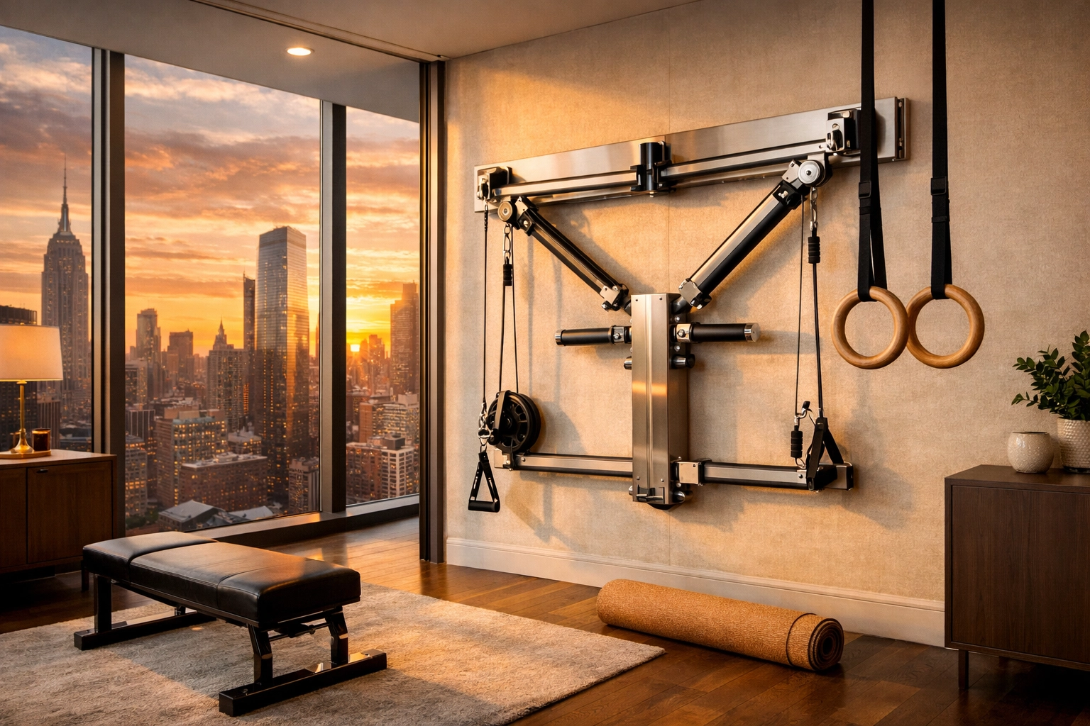 Modern apartment with a no wall damage workout system and premium calisthenics equipment for home.