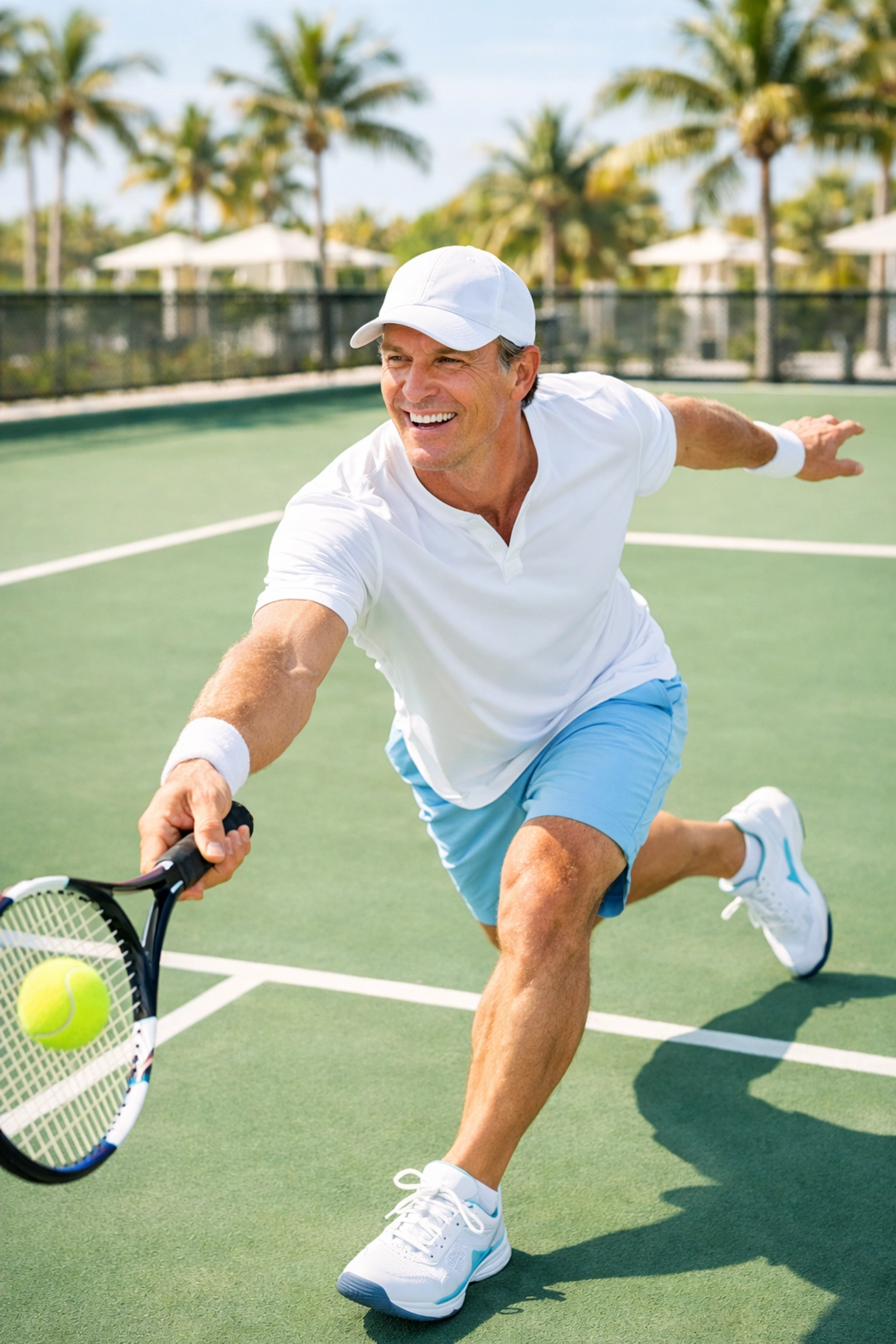 Active adult playing tennis in Naples FL, showing the joint relief and pain-free movement benefits of weight loss.