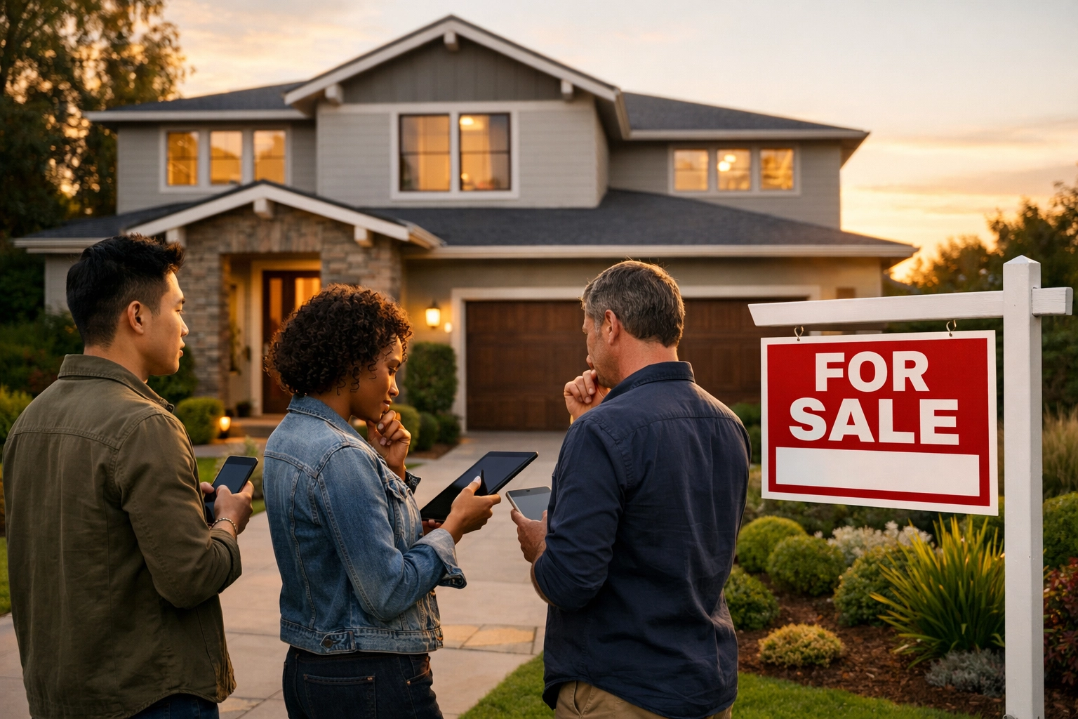 Selective home buyers examining property for sale with tablets showing today's picky market