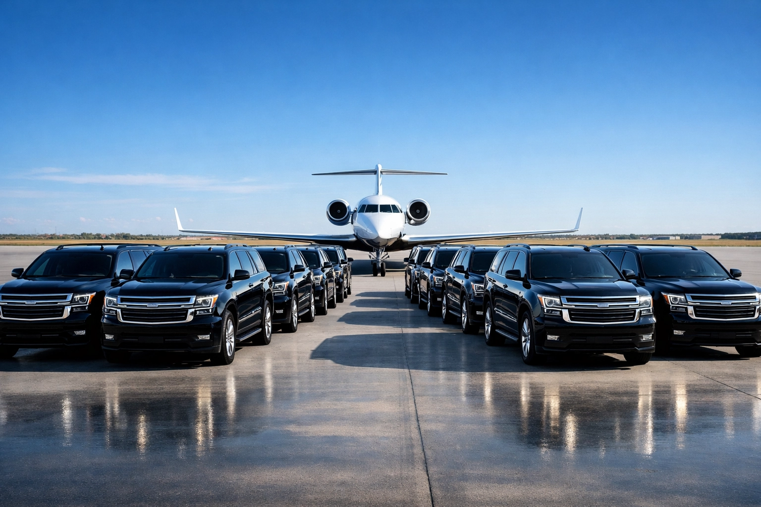 Fleet of black executive SUVs and a private jet prepared for professional Super Bowl transportation.