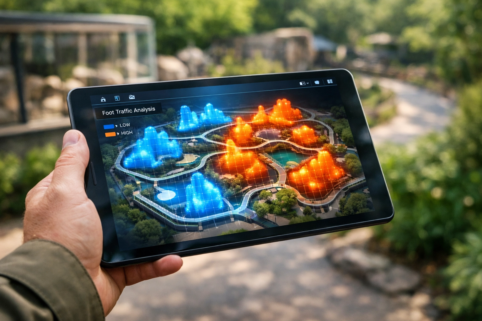 Zoo administrator using digital heat map analytics on a tablet to monitor and manage guest crowd flow.
