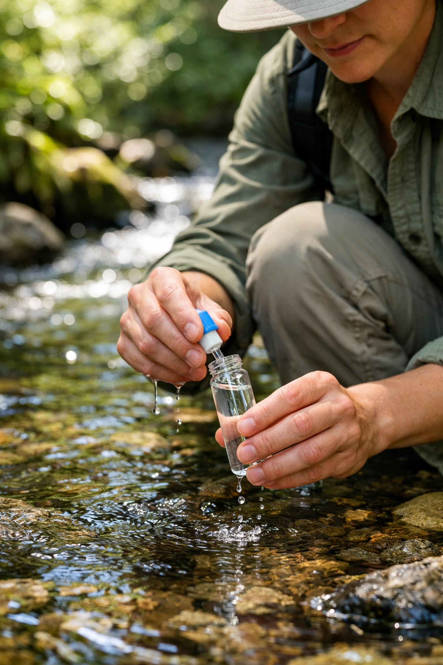 Biologist collecting water for eDNA analysis to provide credible data for wildlife conservation marketing.
