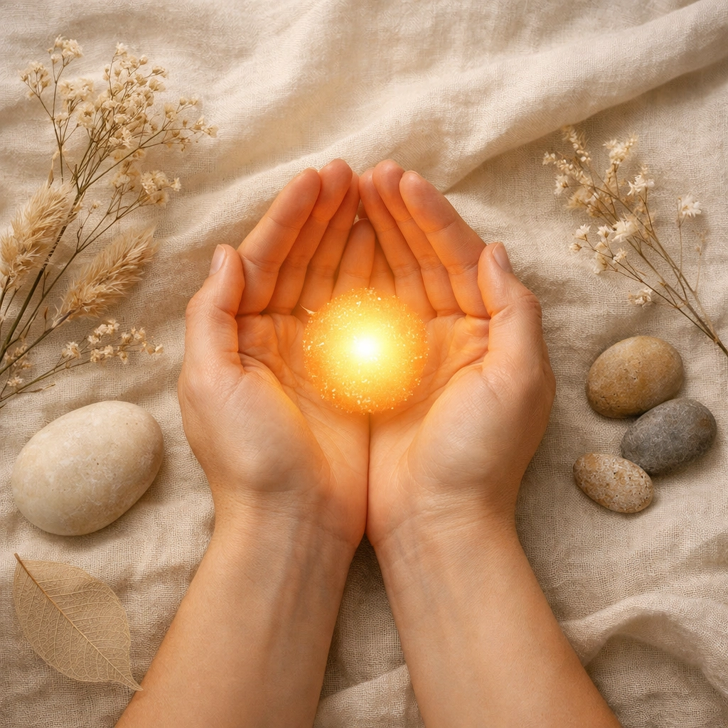 Hands holding warm light representing building internal self-worth and self-compassion in healing