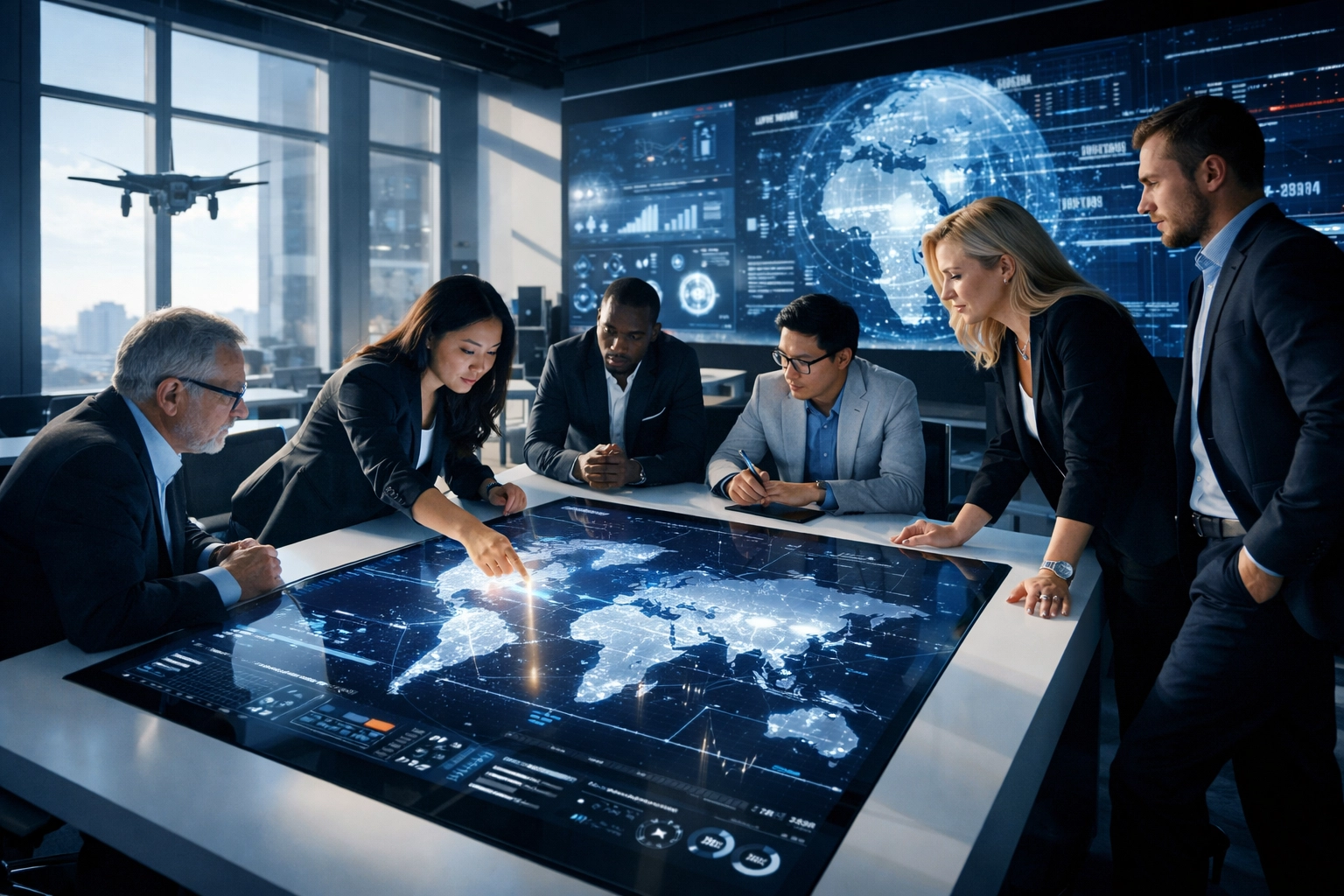 Team using real-time data analytics to optimize workforce collaboration and hybrid policies.