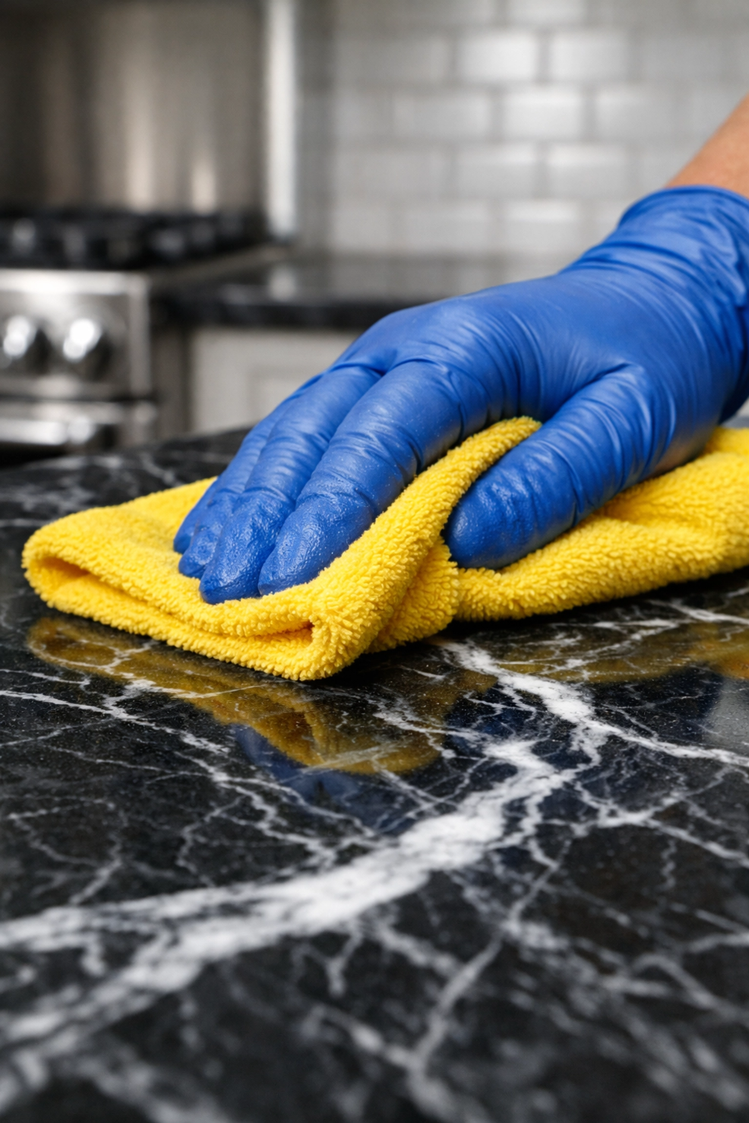 Professional hand buffing a luxury marble kitchen countertop as part of premium residential cleaning services.