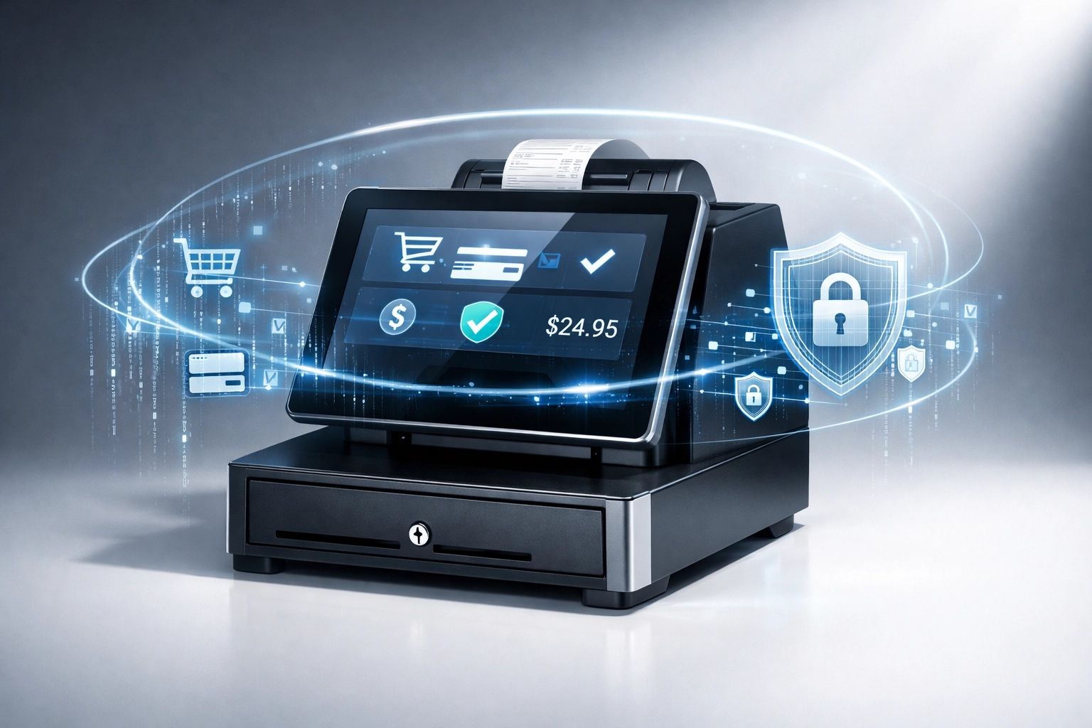 Modern POS terminal with secure local data storage and transaction processing capabilities