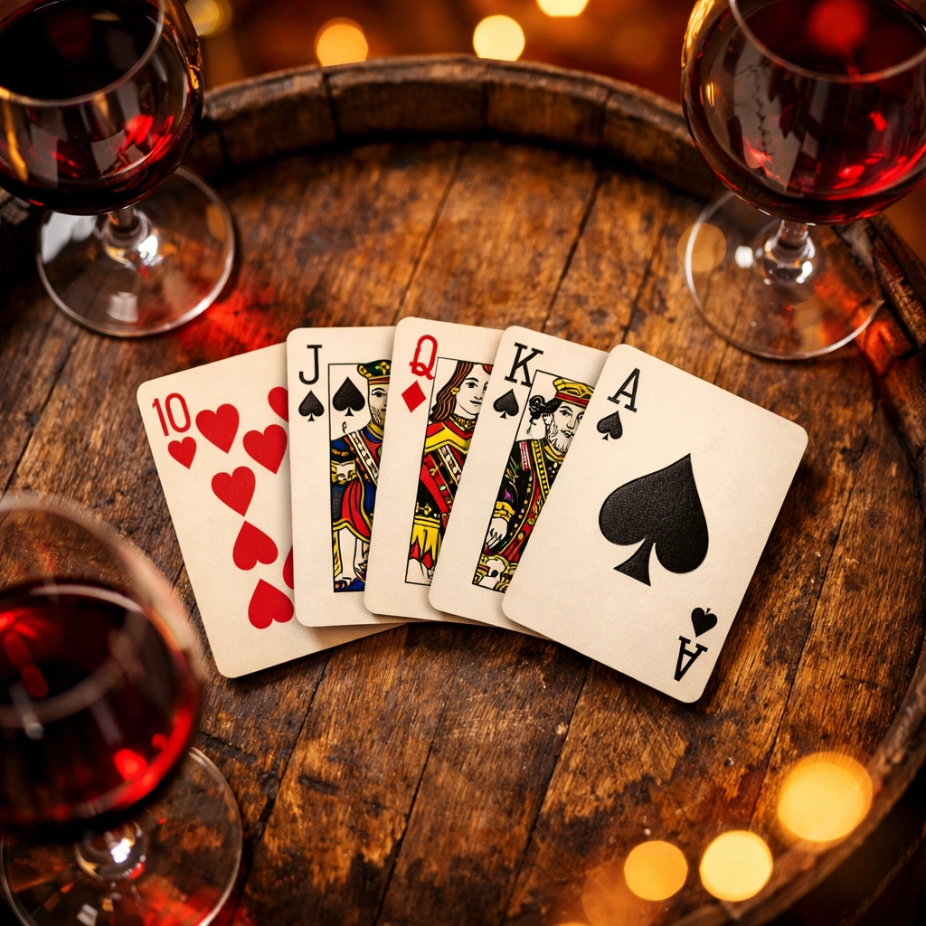 Playing cards and wine glasses on barrel for Poker Run wine tour game