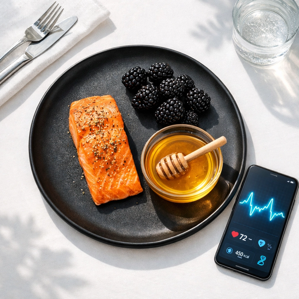 Balanced meal of salmon and berries representing metabolic flexibility and an animal-based dietary approach.