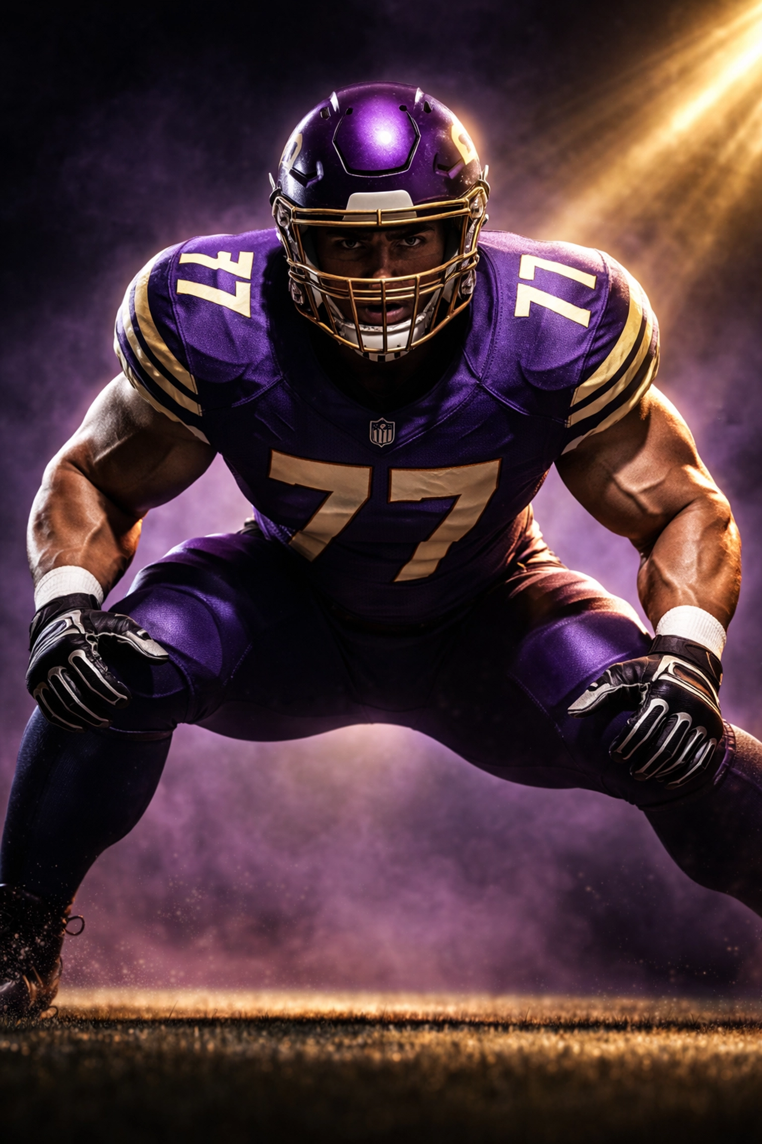 LSU offensive tackle in purple and gold uniform showcasing strength and dominance on the field