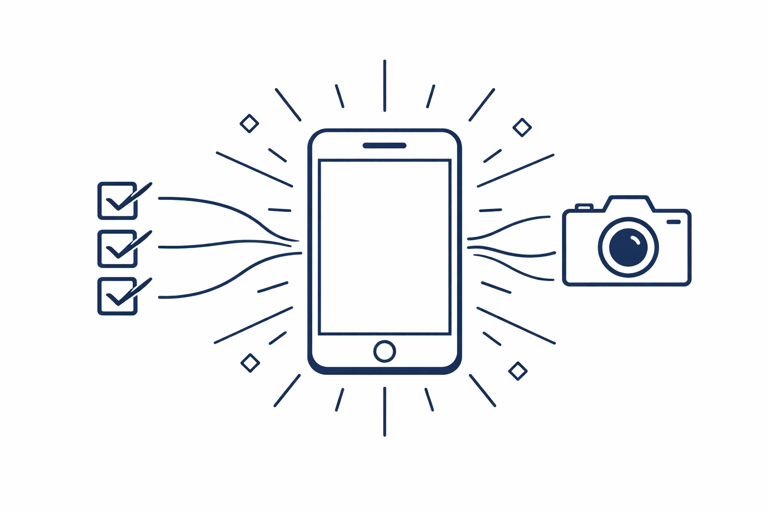 Mobile job completion workflow showing checklist and invoicing integration on smartphone