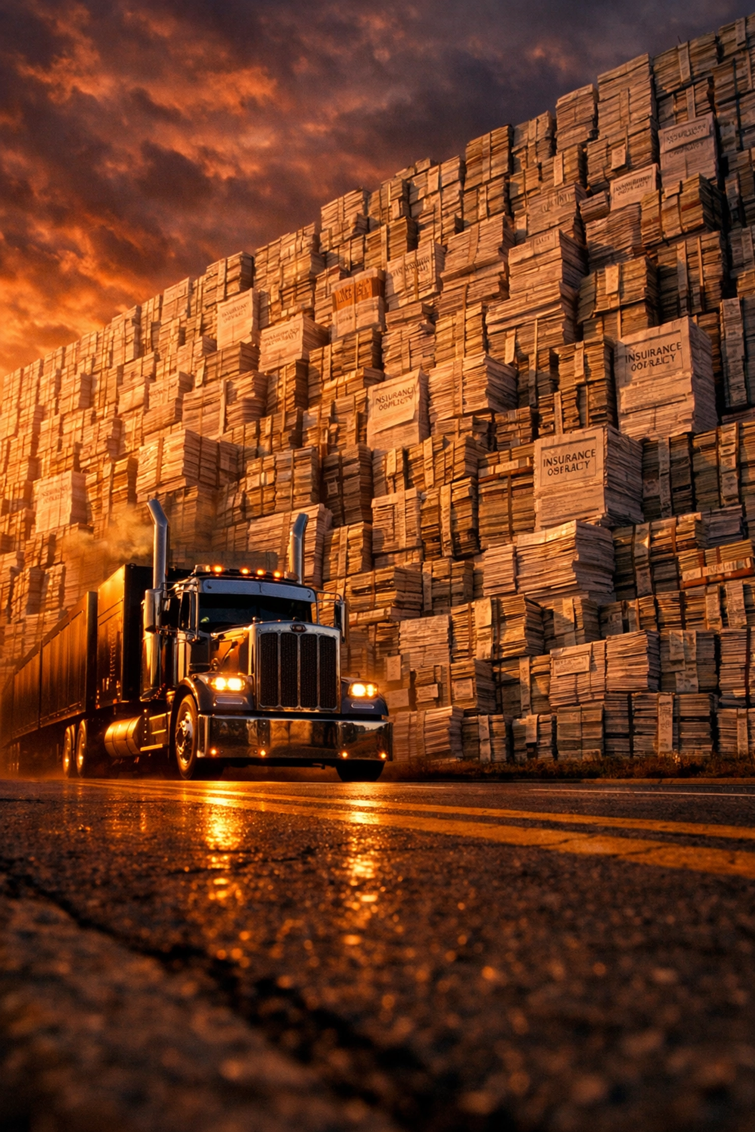 Semi-truck facing a wall of insurance paperwork and money, symbolizing high startup costs for new authorities.