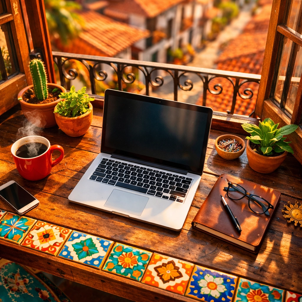 Remote work workspace in Puerto Vallarta Old Town with laptop and coffee overlooking cobblestone streets