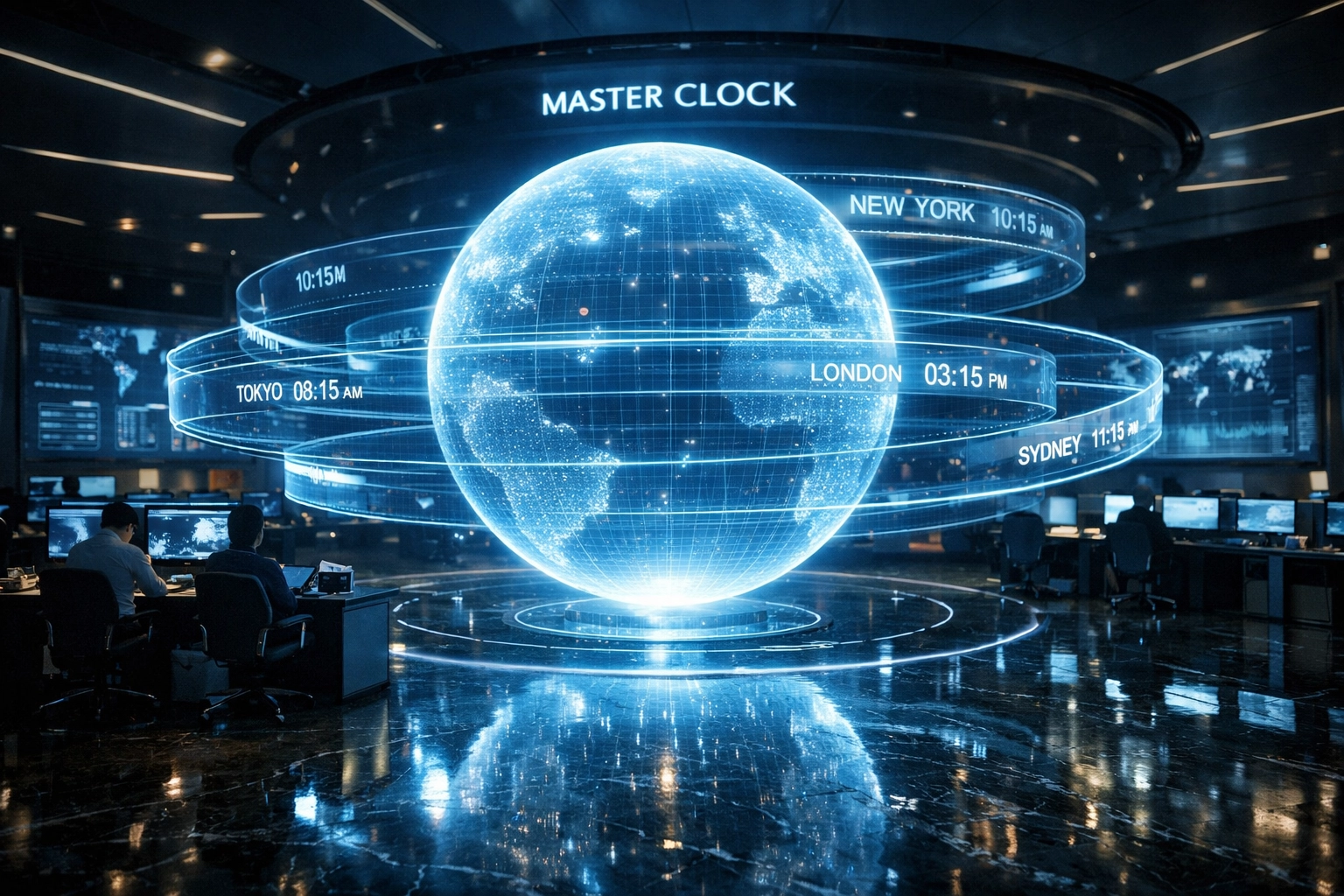 Futuristic holographic master clock illustrating Coordinated Universal Time (UTC) and global time zone synchronization.