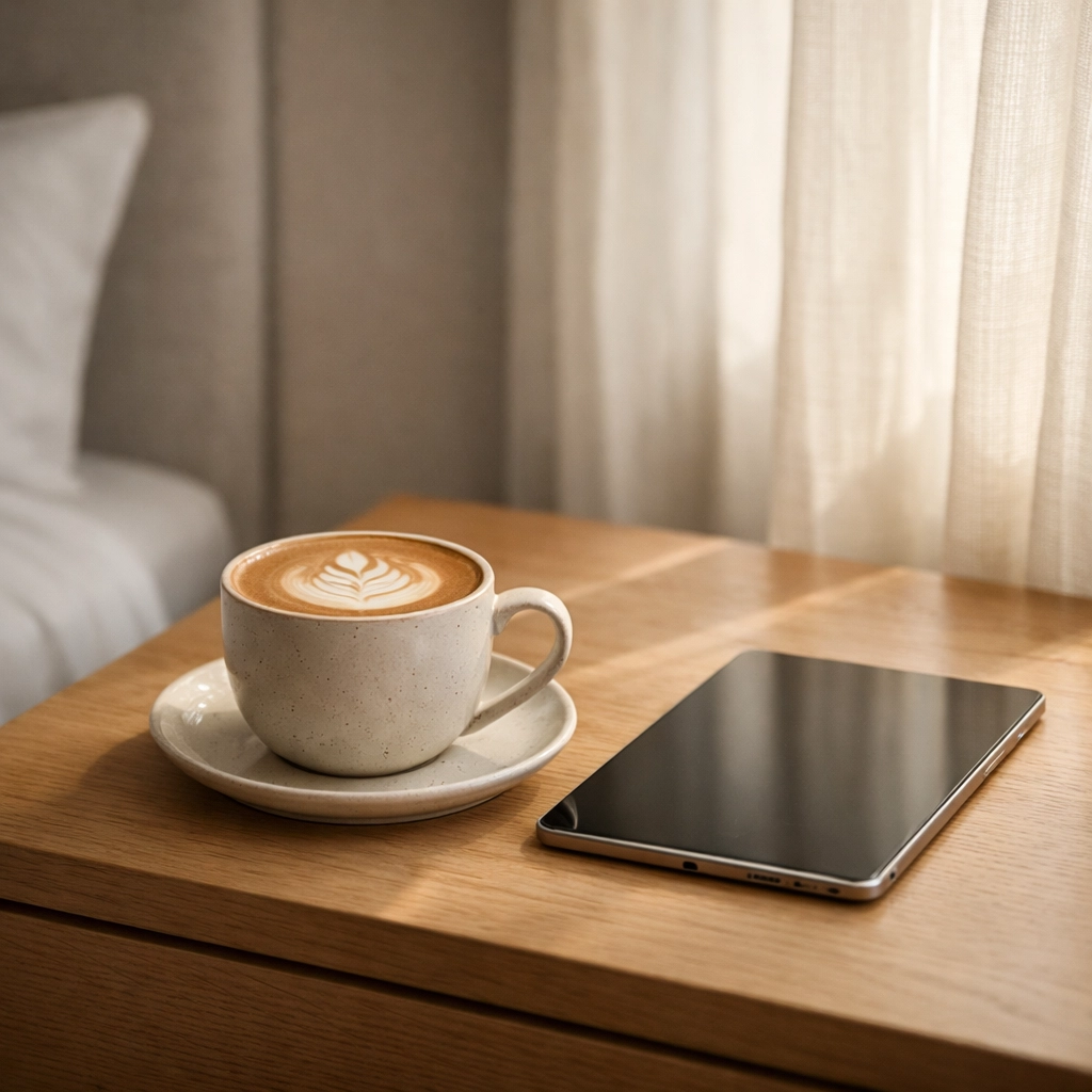 Minimalist hotel room featuring a tablet for personalized guest settings and smart technology.