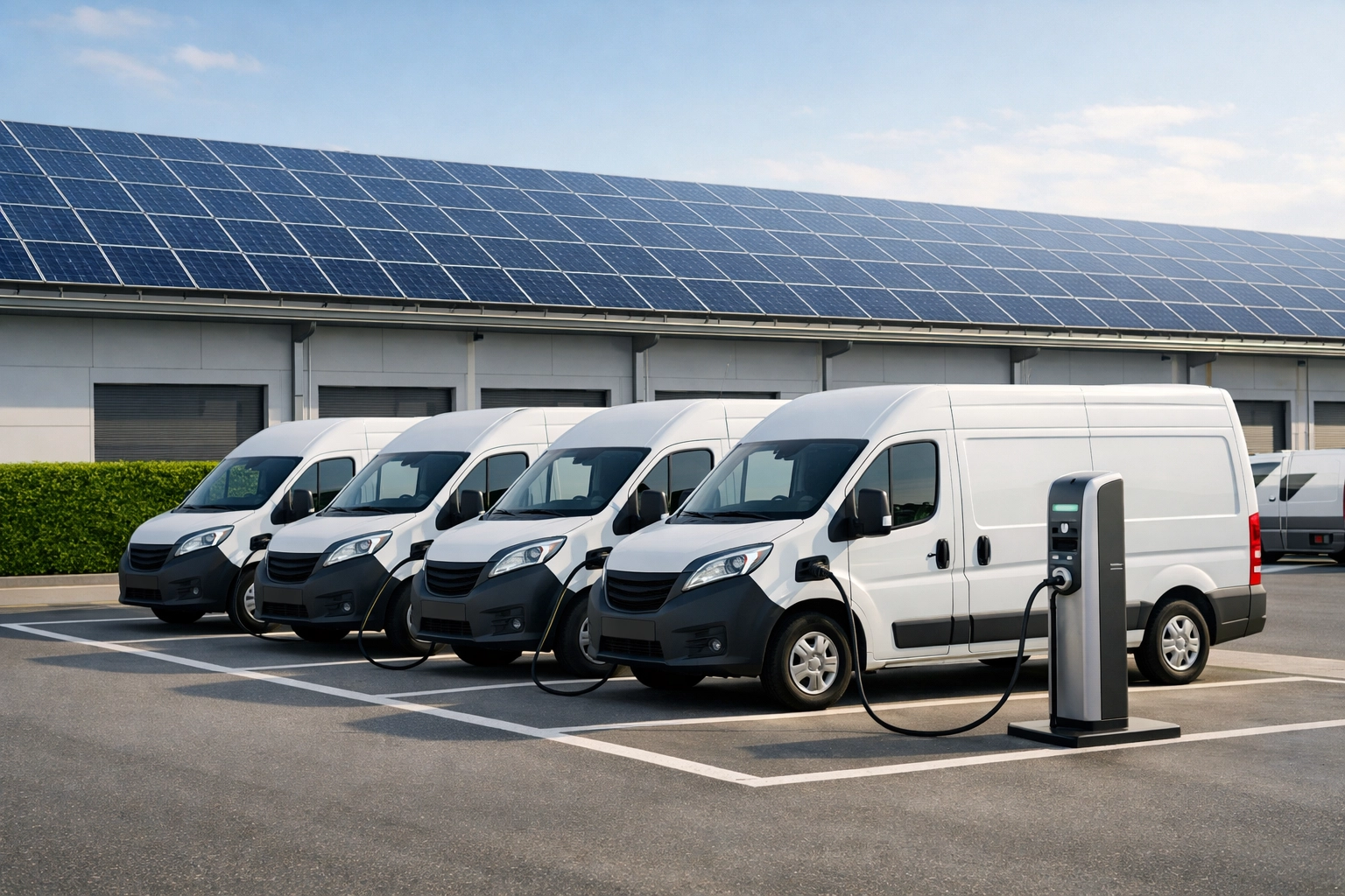 Electric vehicle fleet charging at a logistics hub powered by a sustainable business solar panel system.