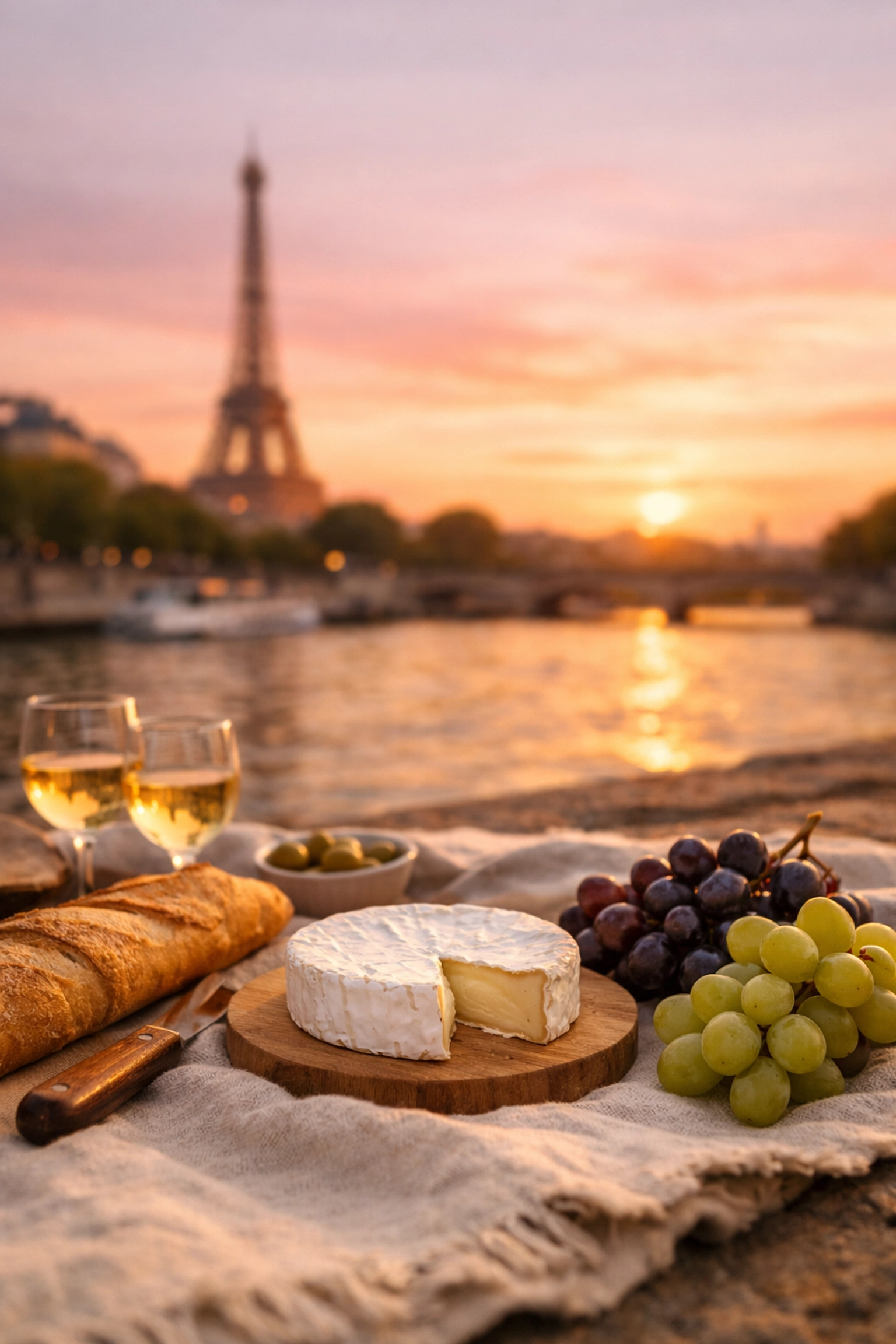 Classic Parisian picnic by the Seine with the Eiffel Tower, one of the best photography locations.