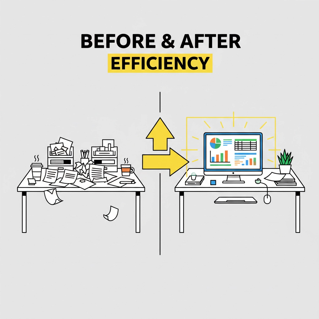 Split image of a messy desk with papers and coffee cups on the left, and an organized desk with a computer and plant on the right. Text: "Before & After Efficiency".