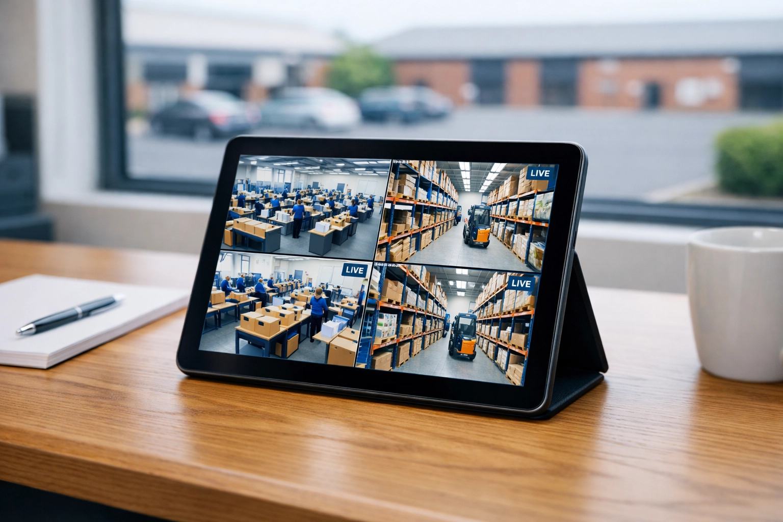 Commercial CCTV monitoring on a tablet in a Tadley office showing live business security footage.