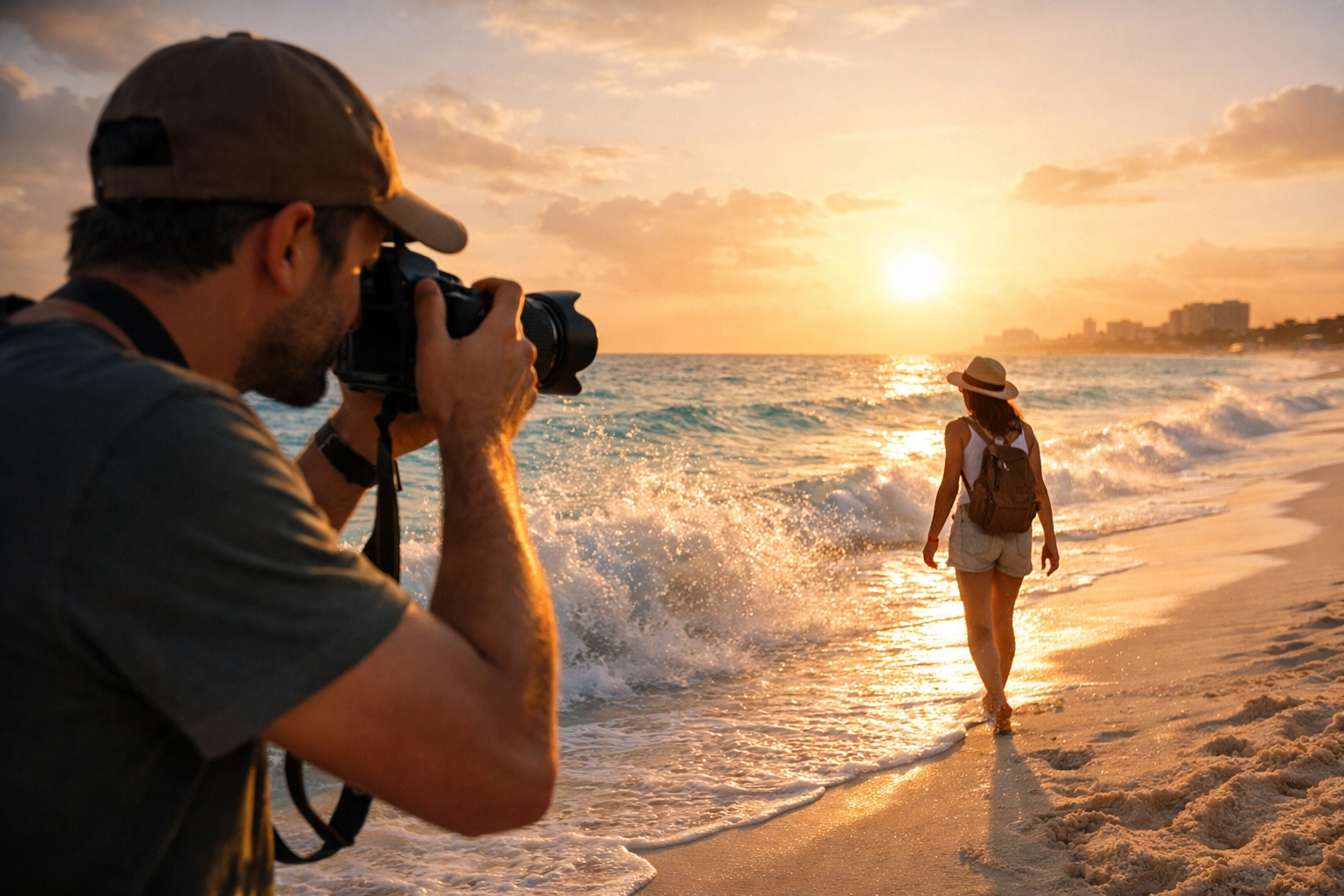 Travel photographer capturing a beach session in Cancun to find destination photography work in 2026.