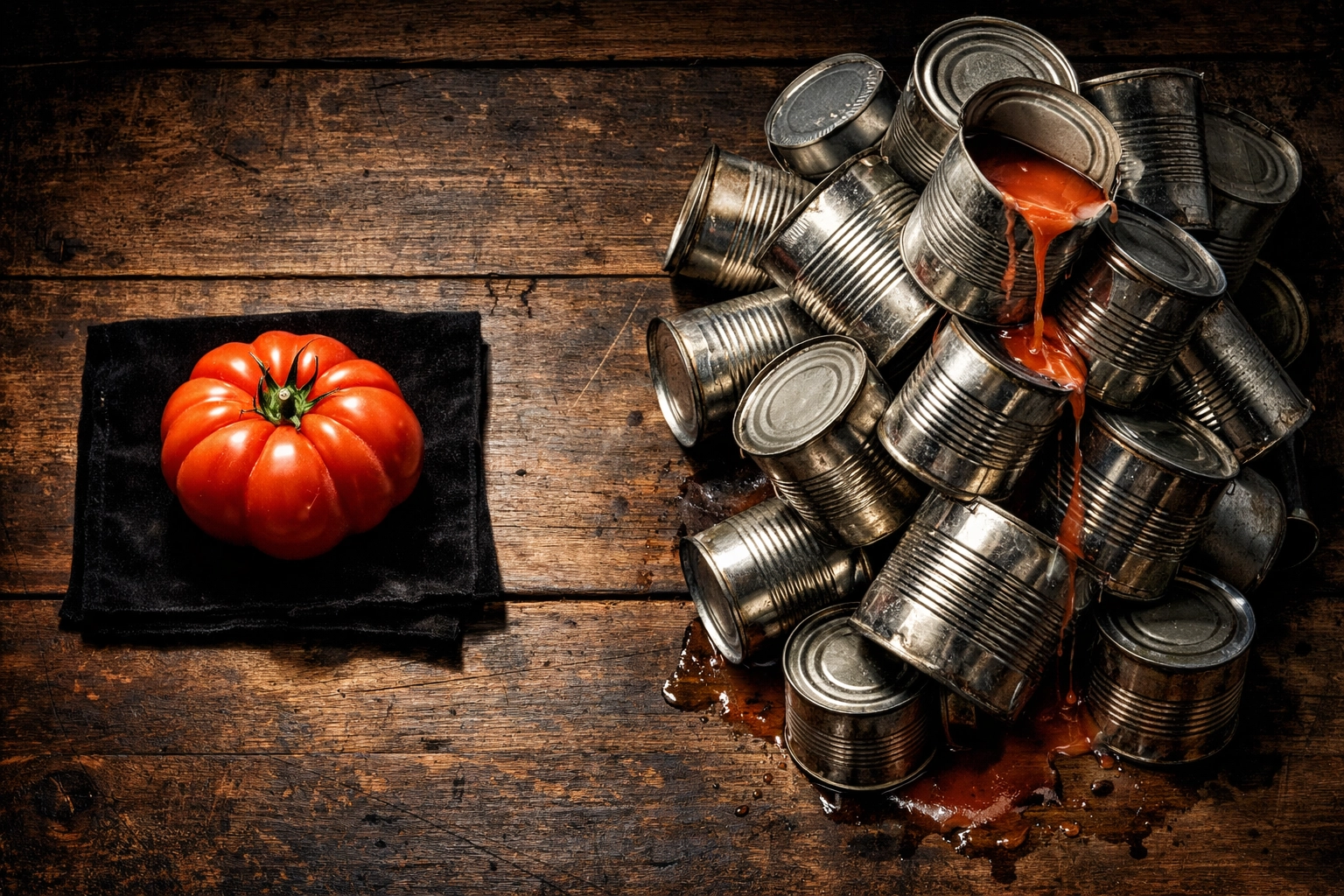 Fresh heirloom tomato vs industrial cans showing quality over quantity for independent restaurant success.