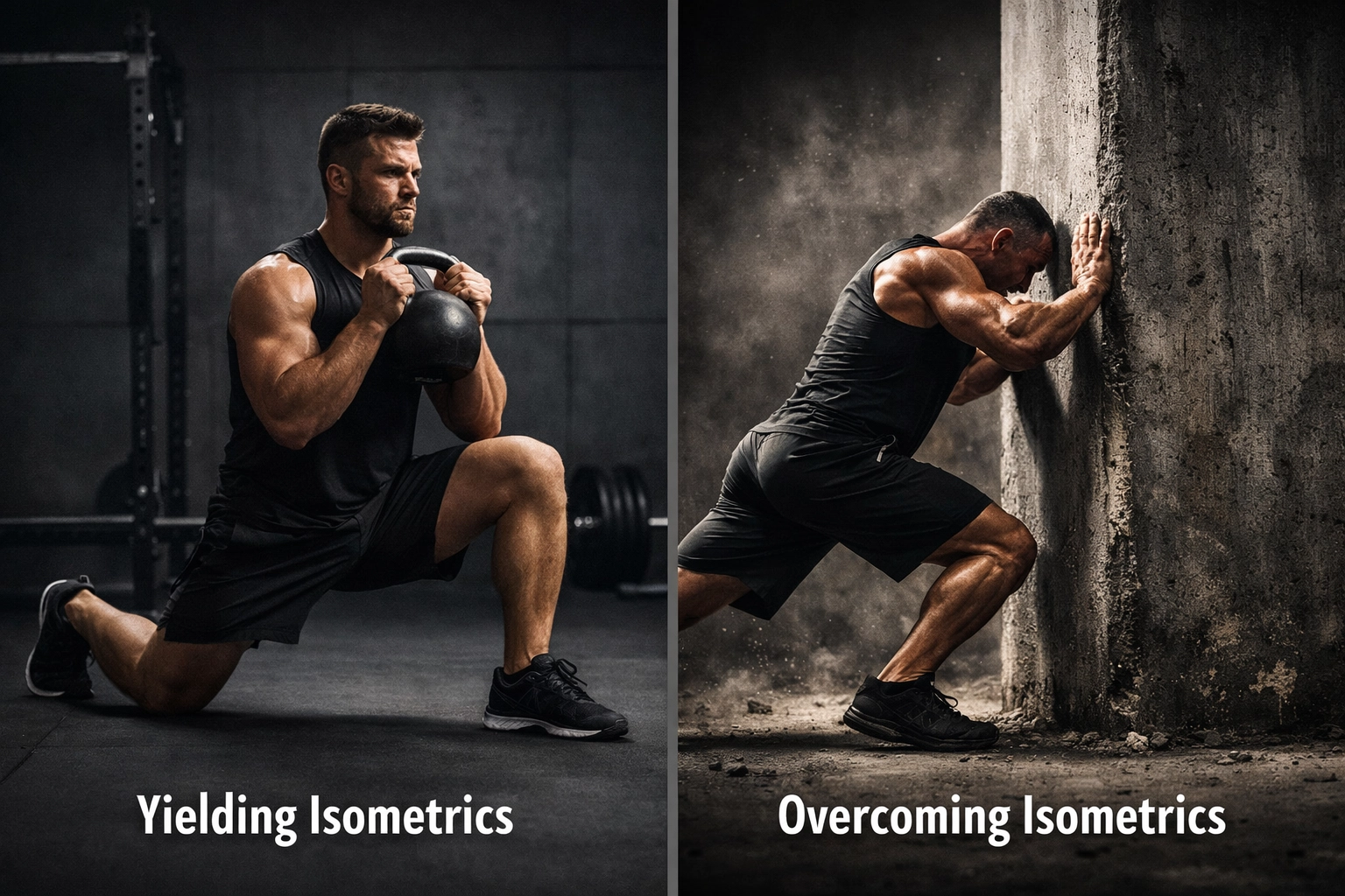 Athlete performing yielding and overcoming isometric exercises for joint-friendly strength training.