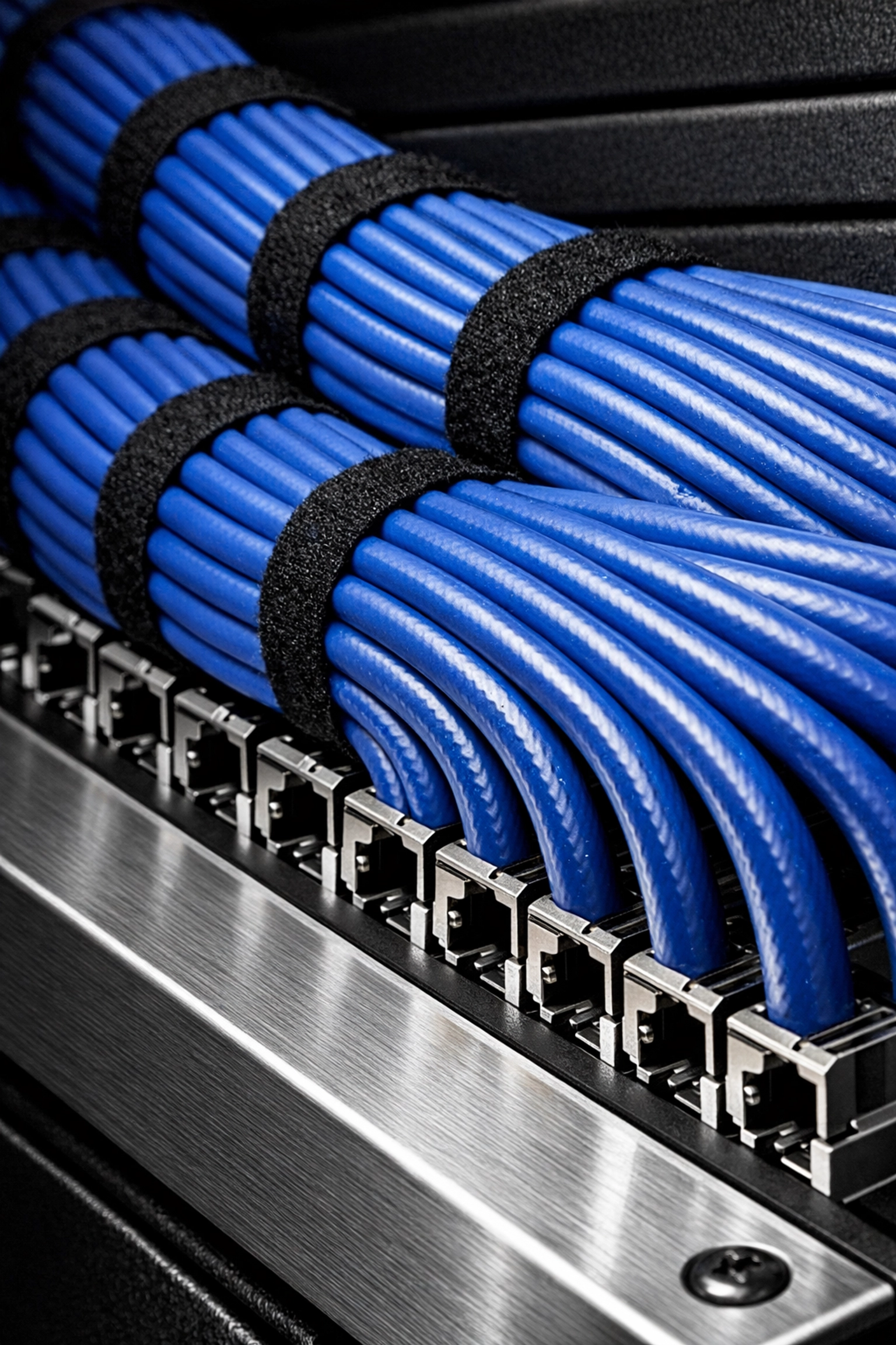 High-quality structured cabling services showing organized blue data cables for business VoIP systems.