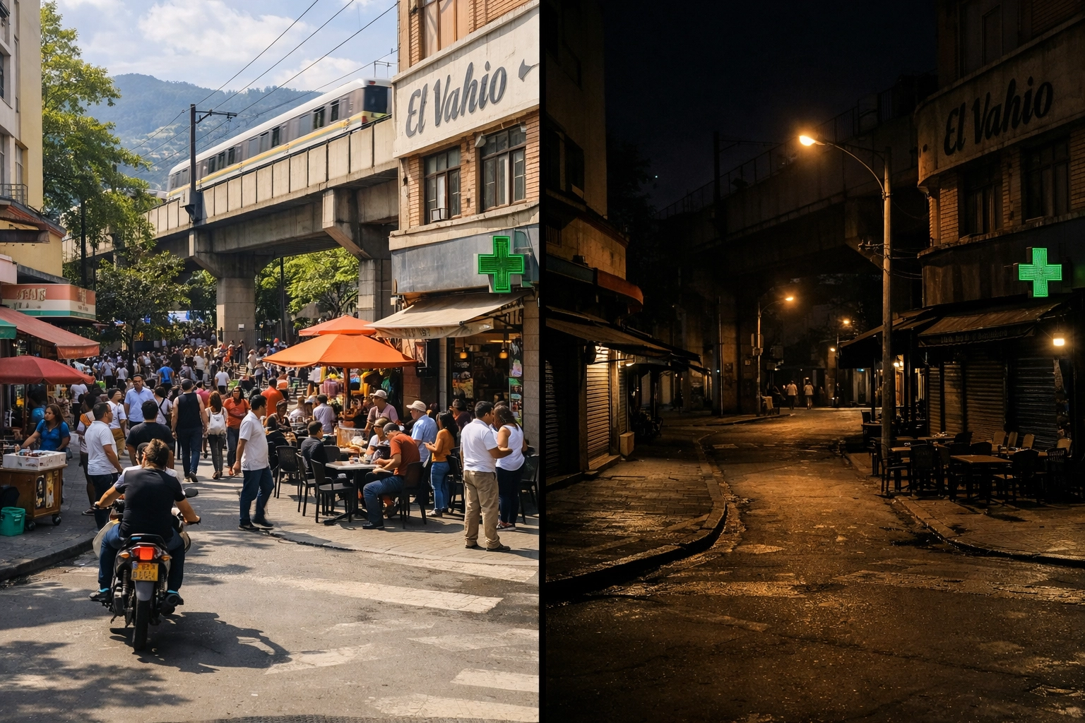 Medellin street comparison showing day versus night safety differences