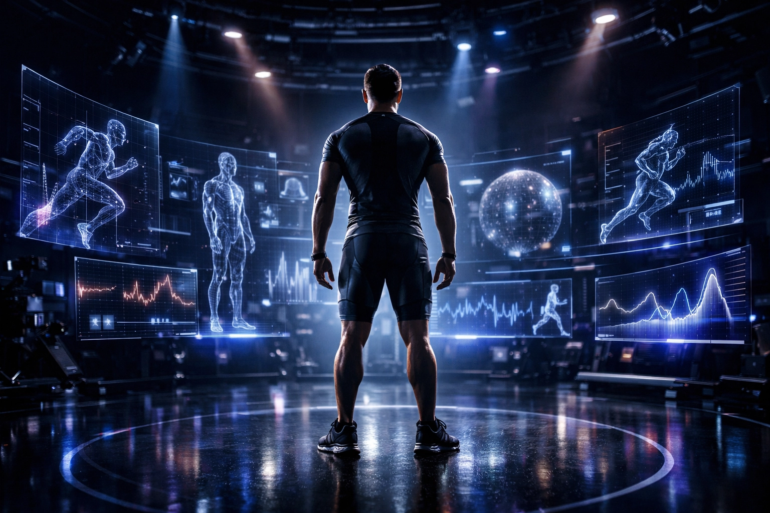 Professional athlete interacting with real-time digital performance analytics for innovative Super Bowl NIL marketing.