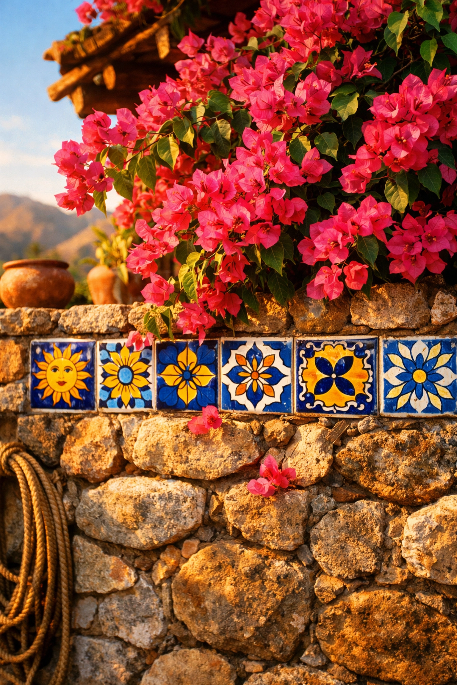 Authentic Mexican tiles and pink bougainvillea at a local rancho in the Sierra Madre mountains.