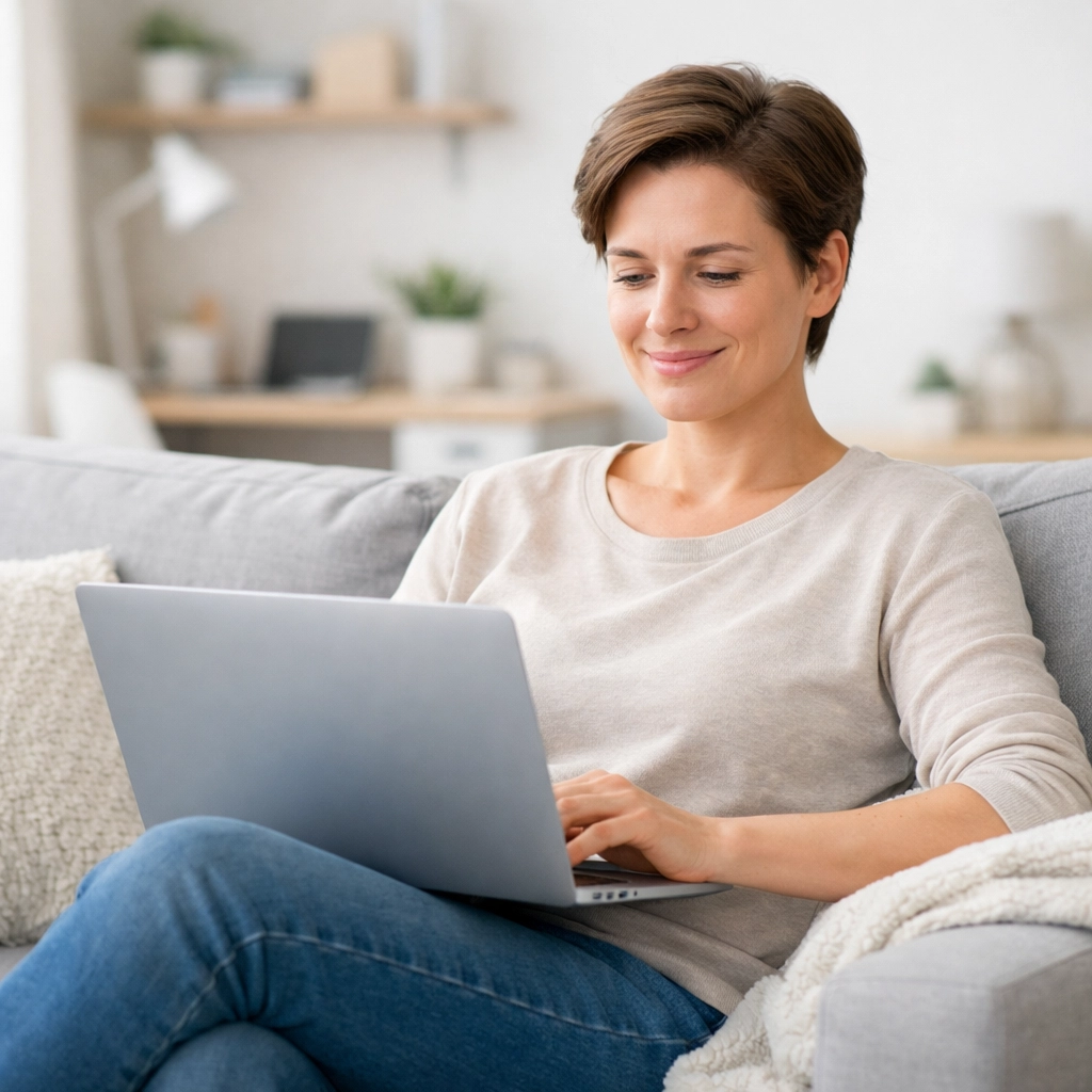 Relieved person applying for a fast cash advance in Canada on their laptop at home.